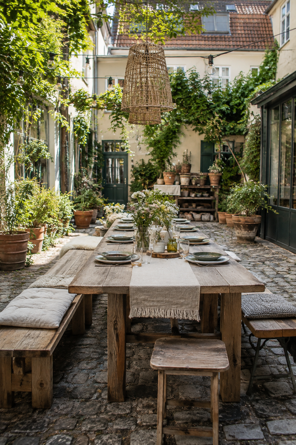 Langer Holztisch mit Boho-Dekoration