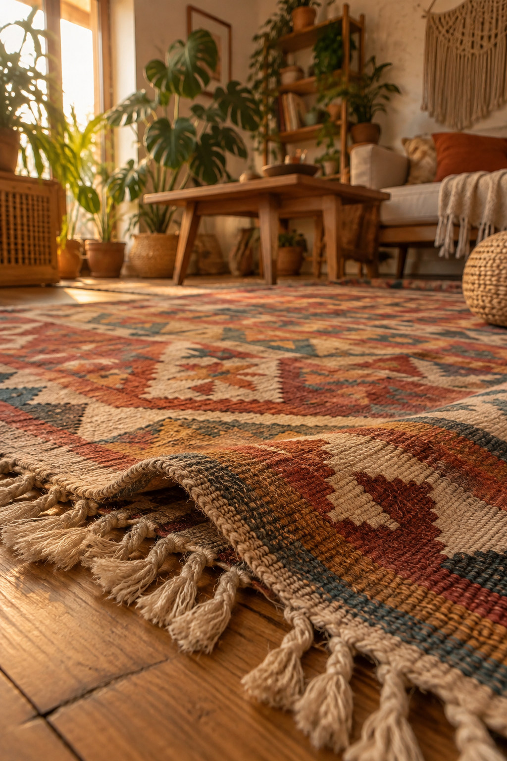 Nahaufnahme bunte Kilim-Teppichfransen