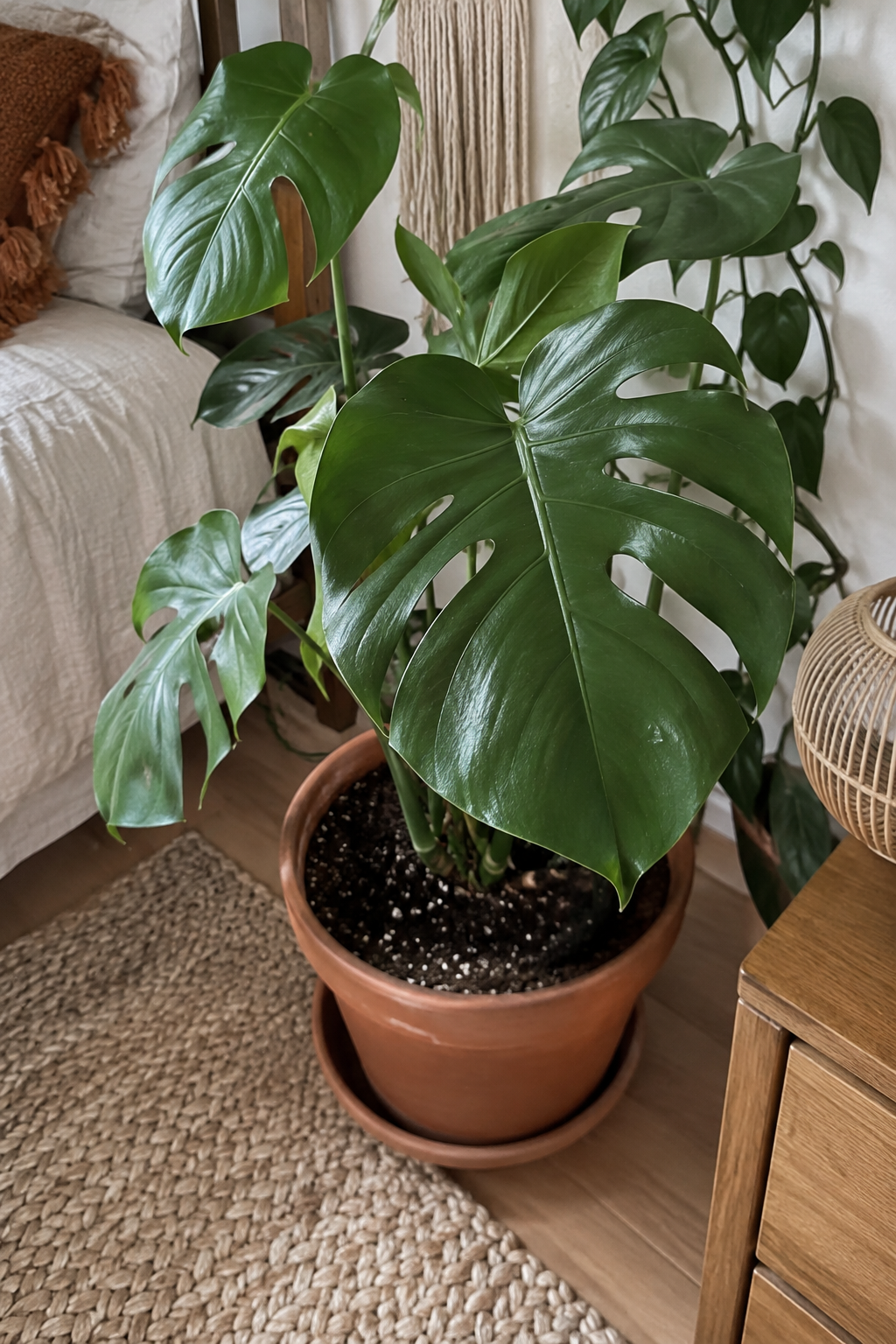 Monstera in Terrakotta auf Nachttisch