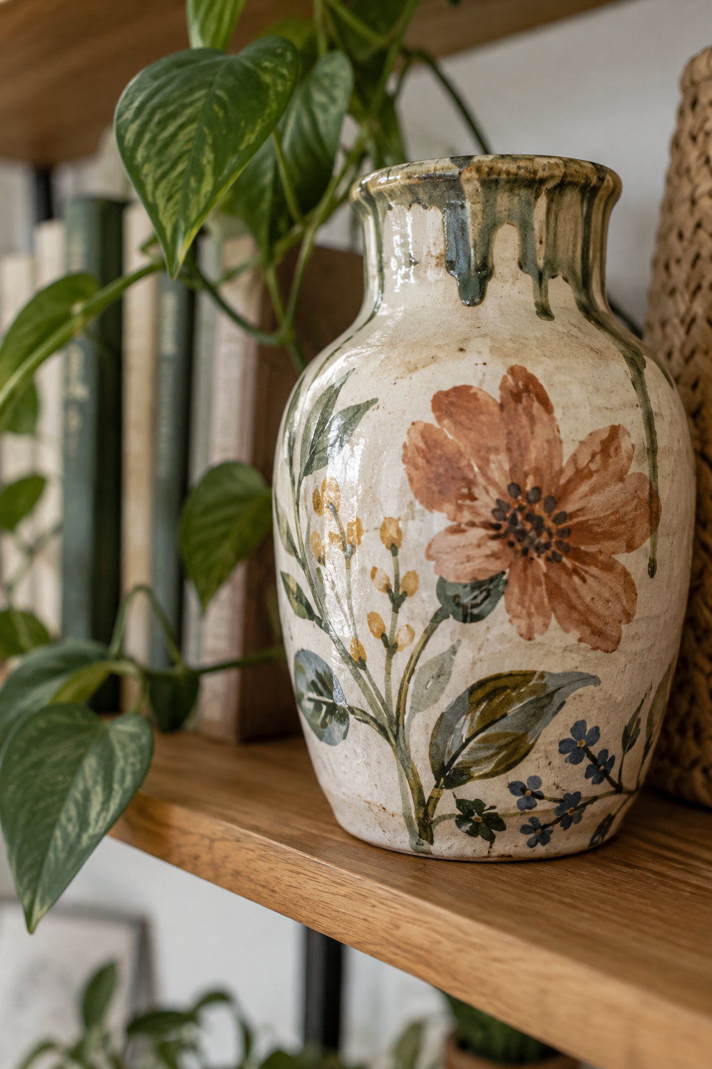 Handbemalte Keramikvase auf Holzregal