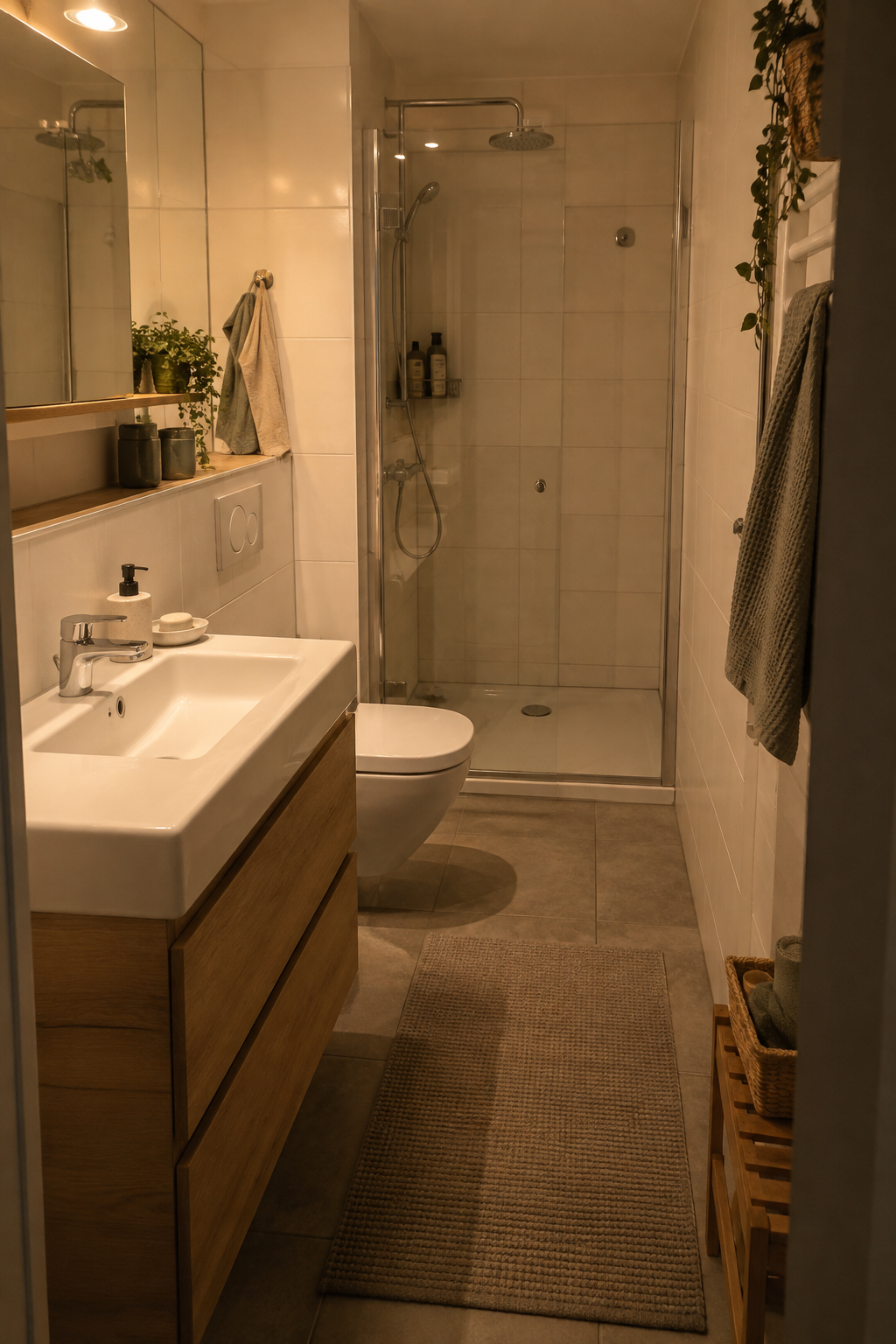 hell gefliestes kompaktes badezimmer längswand