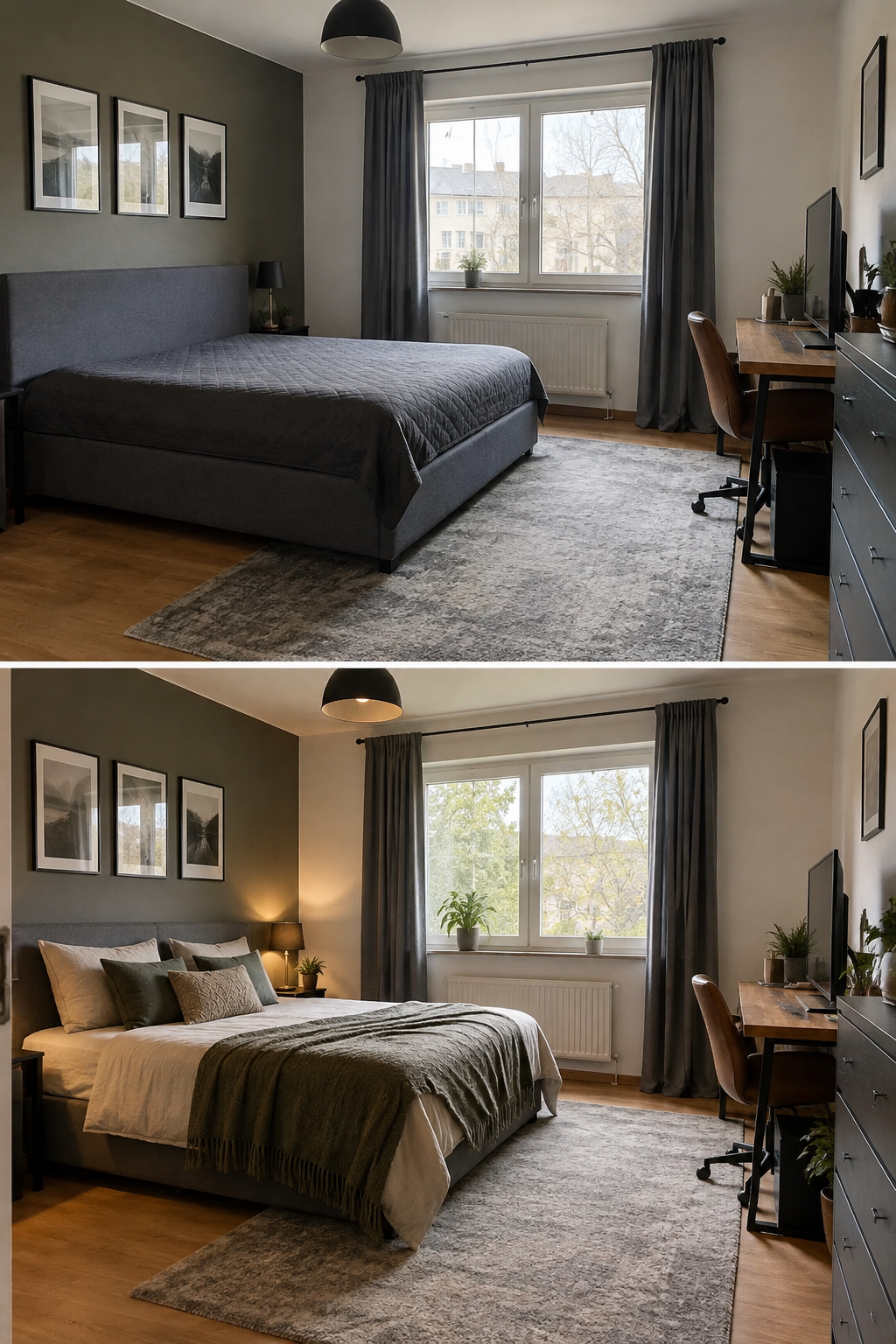 Vorher Nachher kleines Schlafzimmer mit warmen Texturen