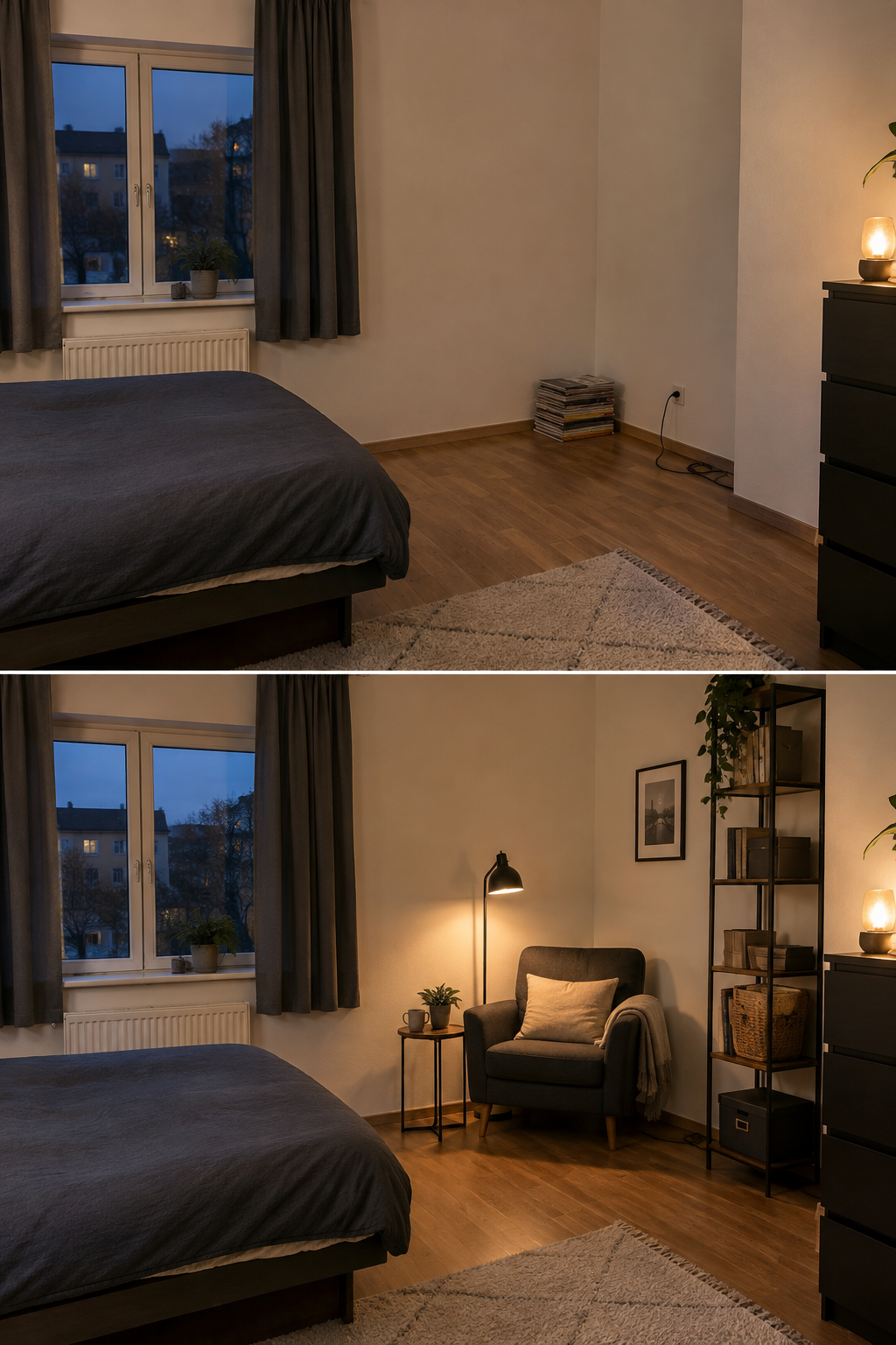 Ecke vor und nach Einrichtung mit Kompakt-Sitznische