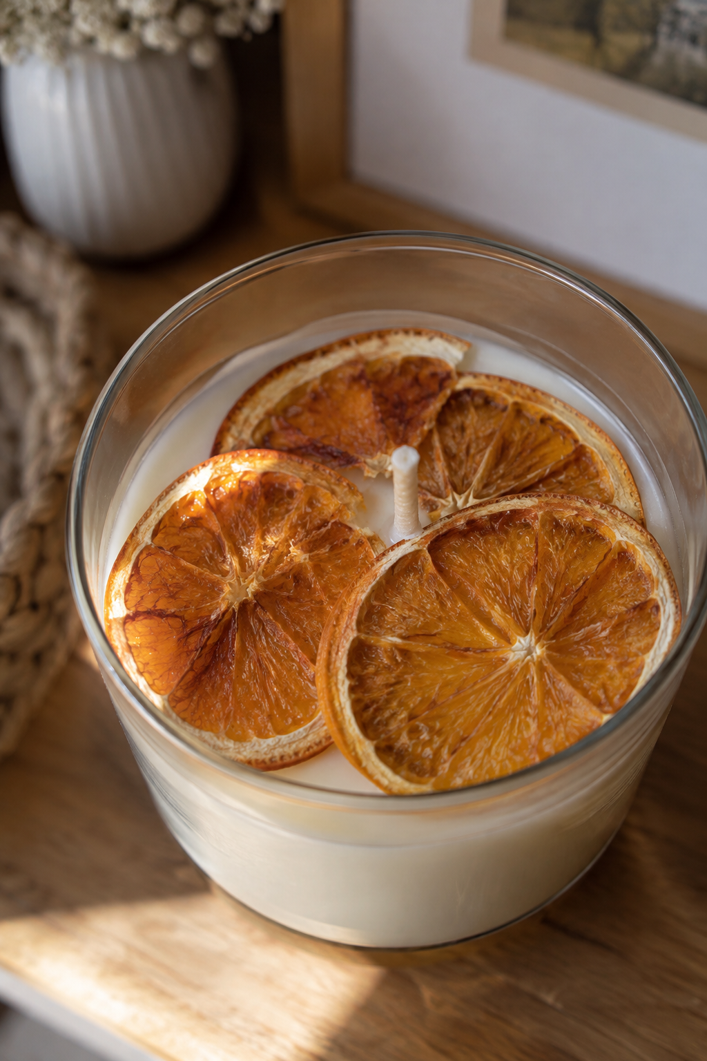 Nahaufnahme Glaskerze mit Orangenscheiben
