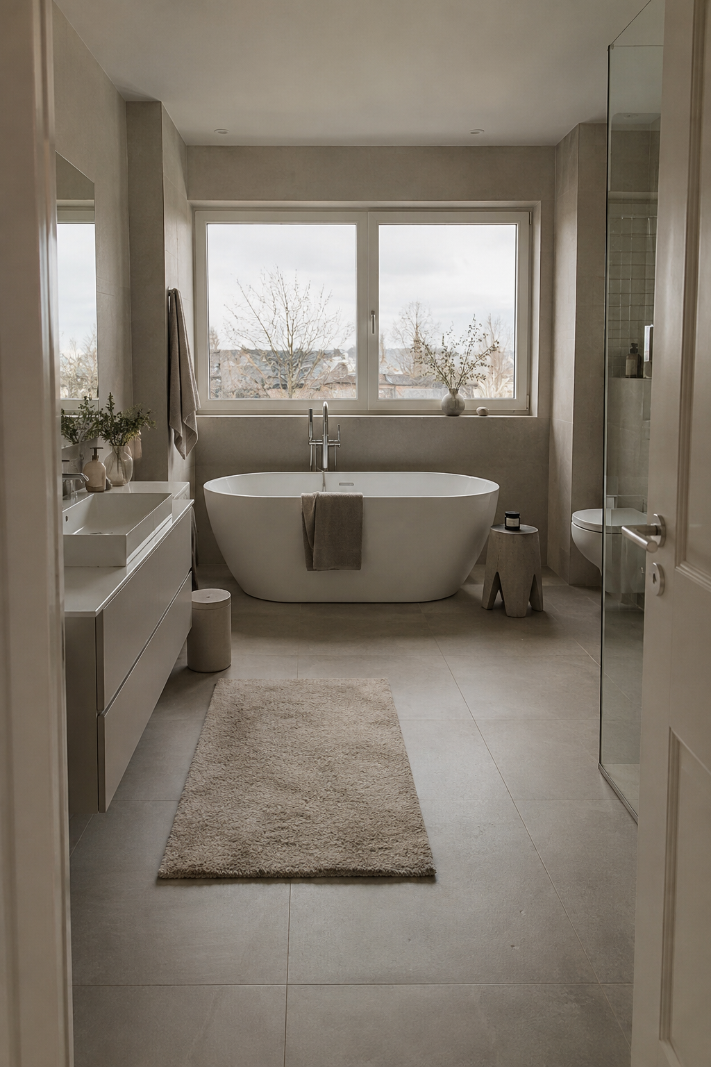 Warm greige Spa-Badezimmer mit freistehender Wanne