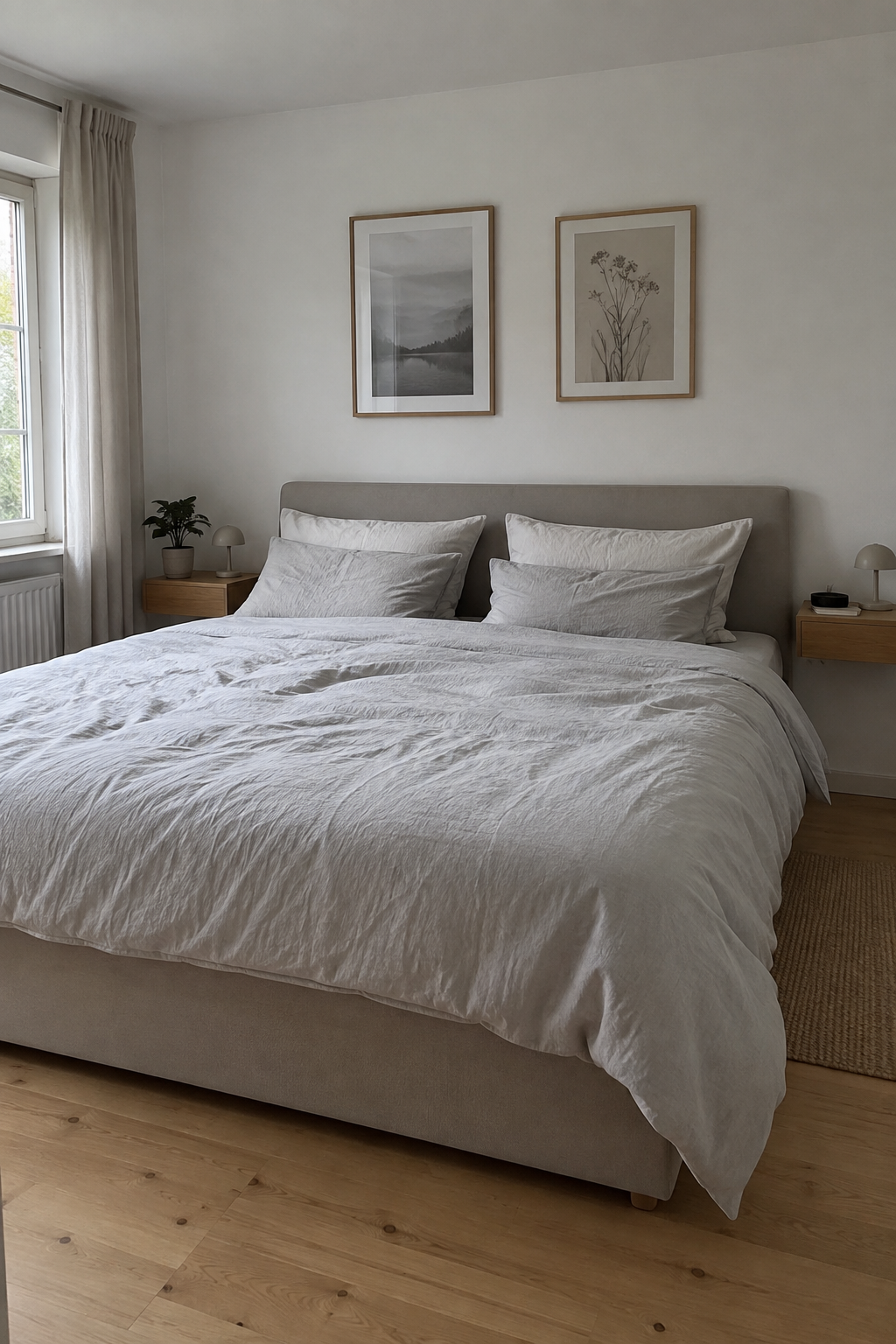 Schlanke wandhängende Nachttische am großen Bett