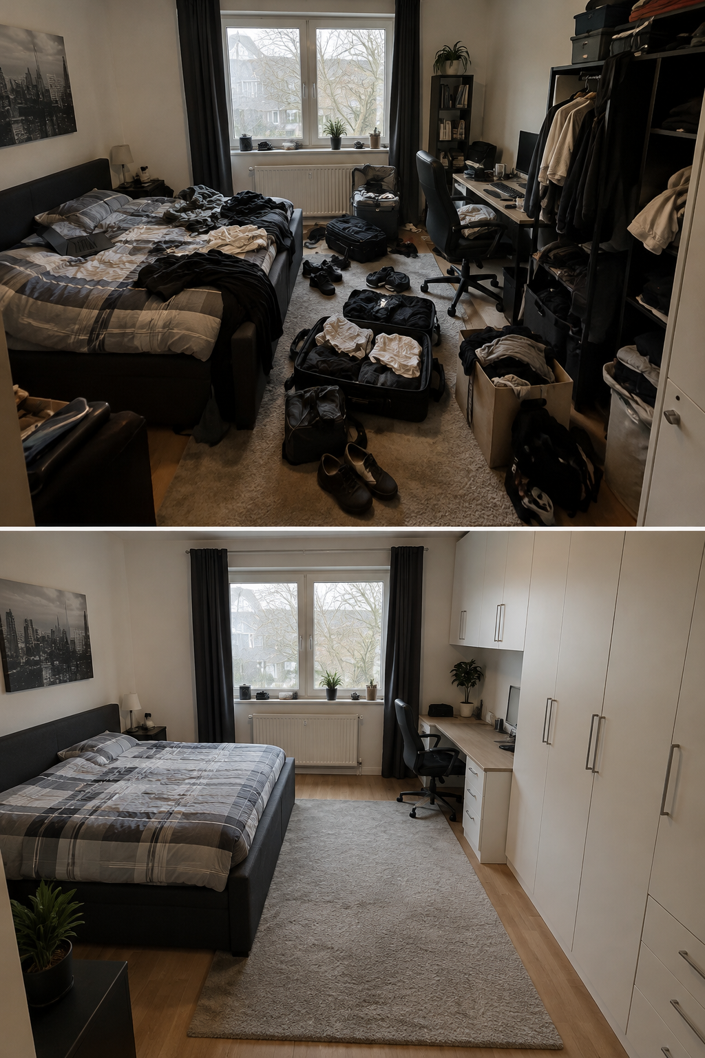Kleines Männerzimmer mit vorher überfülltem Stauraum und danach aufgeräumt
