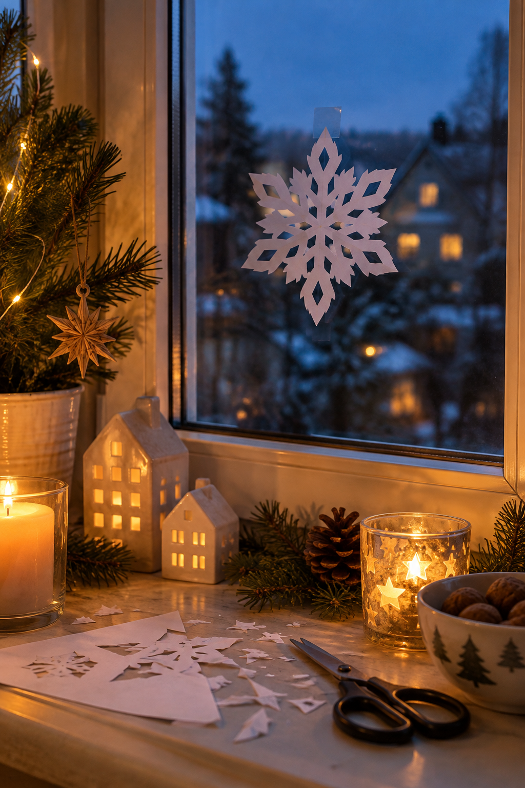 Nahaufnahme Papier-Schneeflocke am Fenster