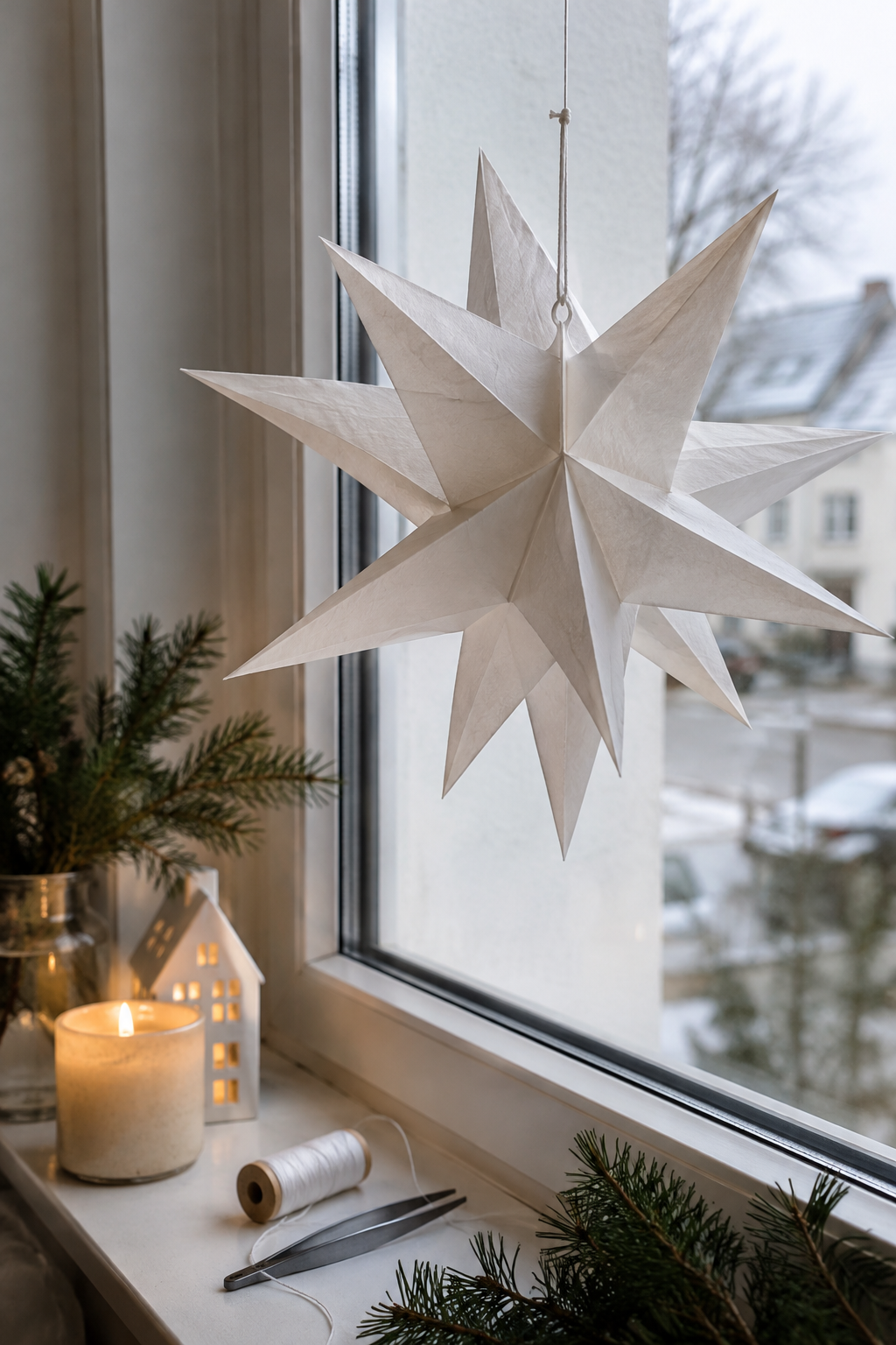 Papierstern hängt im Fenster nahaufnahme