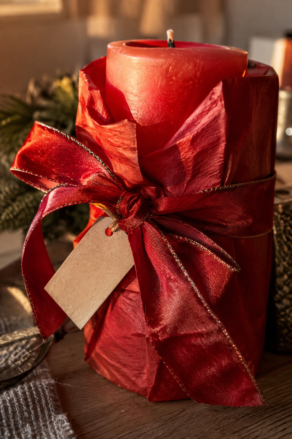Weihnachtskerze mit roter Schleife nahaufnahme