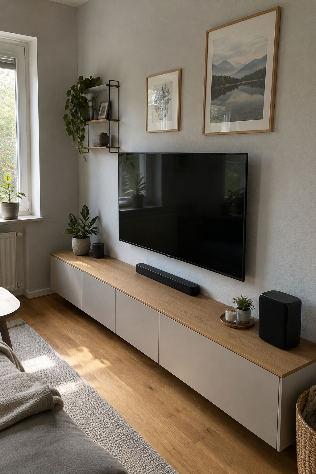 Schmale Lowboardwand mit gerahmten Bildern