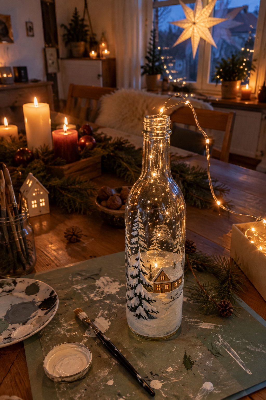 Bemalte Flasche mit Lichterkette Detail