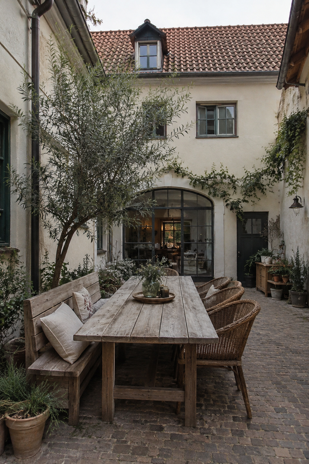 Lange Holzbank am rustikalen Esstisch im Boho-Hof