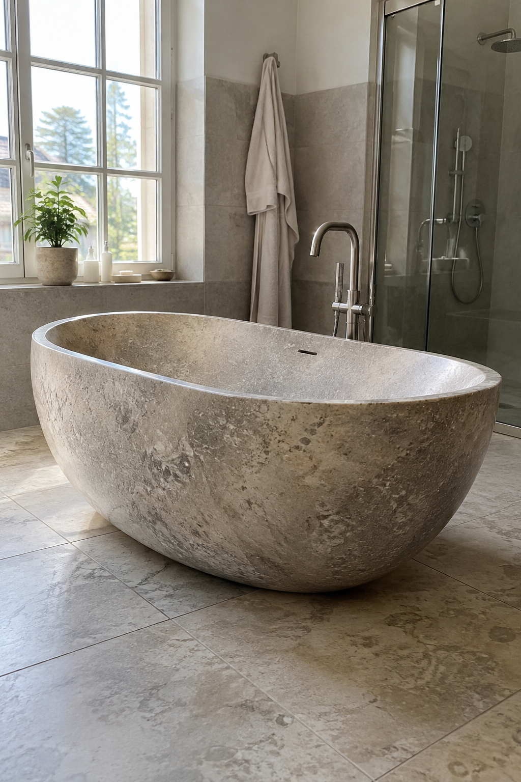 Freistehende Badewanne in Natursteinoptik mittig im Bad