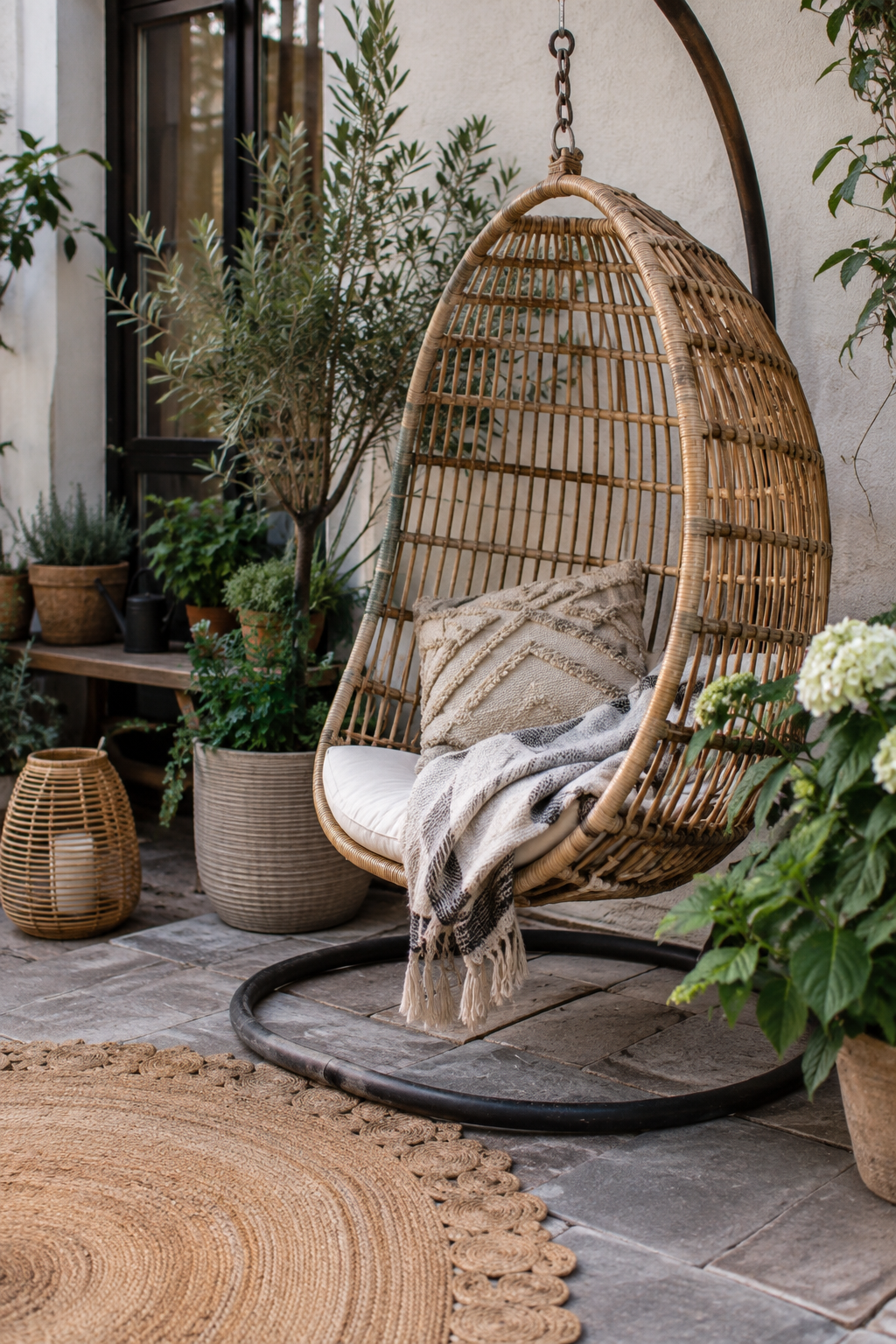Rattanhängesessel mit Kissen und Pflanzen