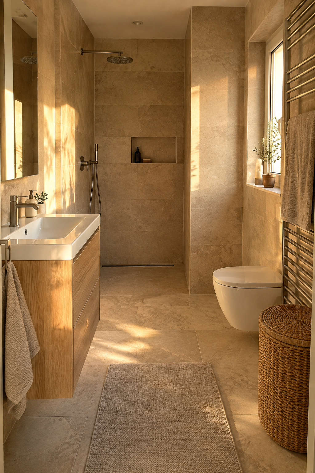 Helles Badezimmer mit sandfarbenen Fliesen und offener Dusche