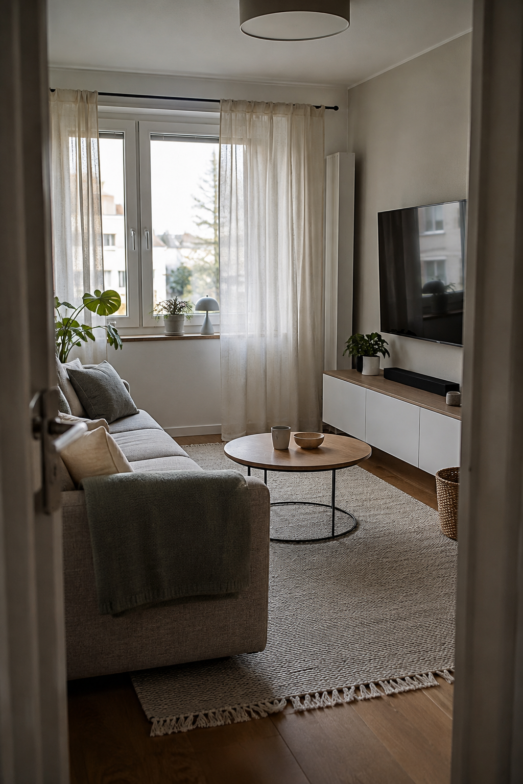 Helles TV-Zimmer mit transparenten Vorhängen