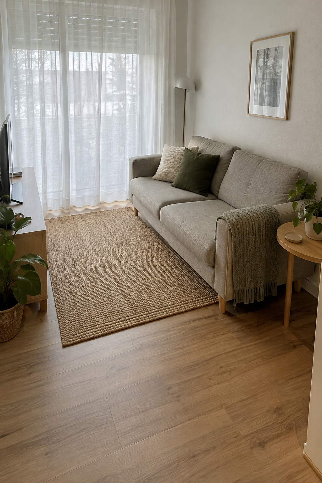 Helles kleines Wohnzimmer mit schmalem Sofa