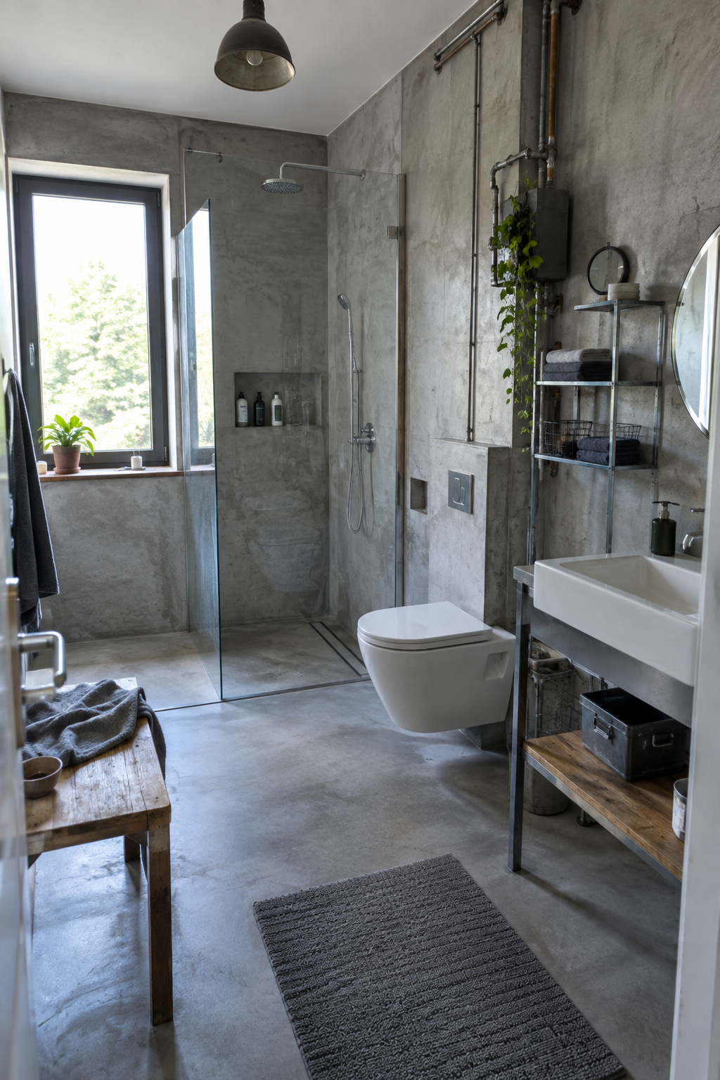 Industrielles Bad mit offener Dusche