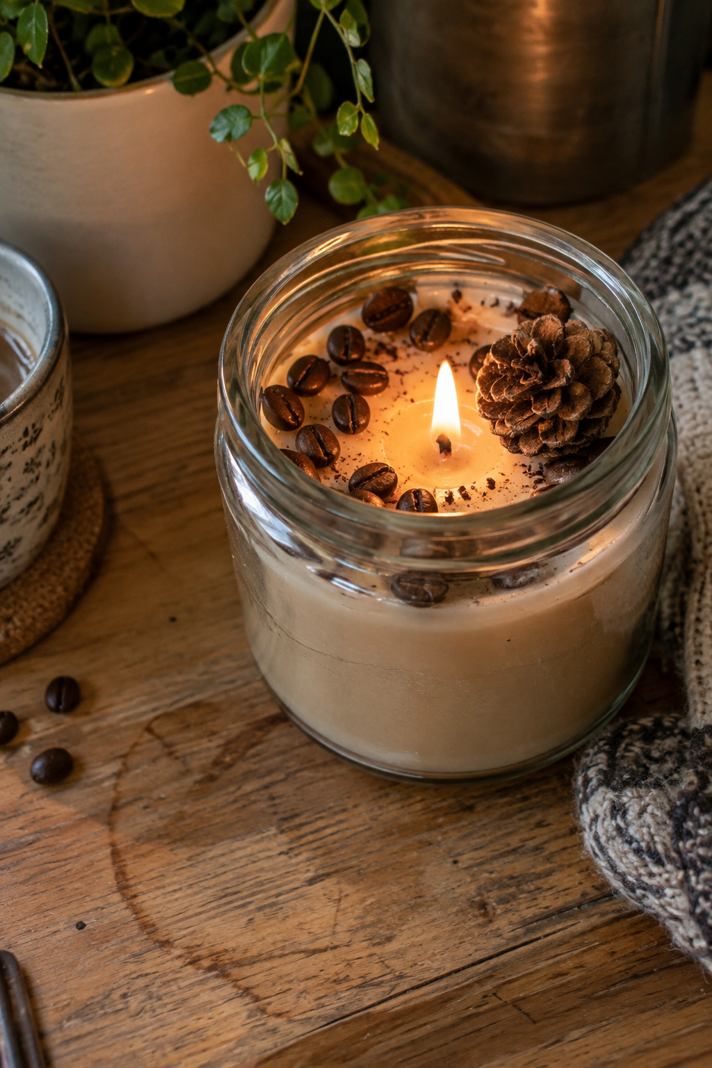 Glas mit Kaffeebohnen und kleiner Tannenzapfen