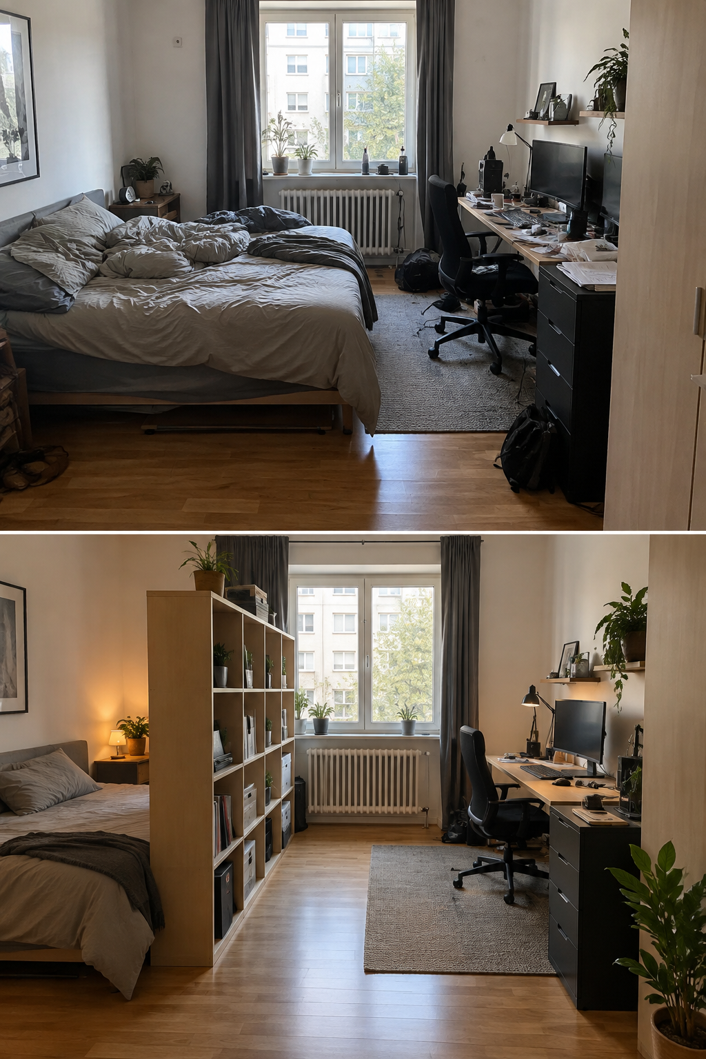 Kleines Männerzimmer mit klar getrennten Schlaf- und Arbeitsbereichen