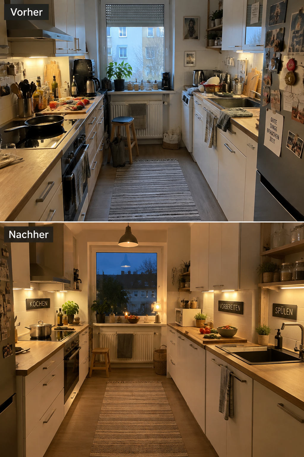 Splitbild kleine Küche vorher nachher mit klaren Zonen