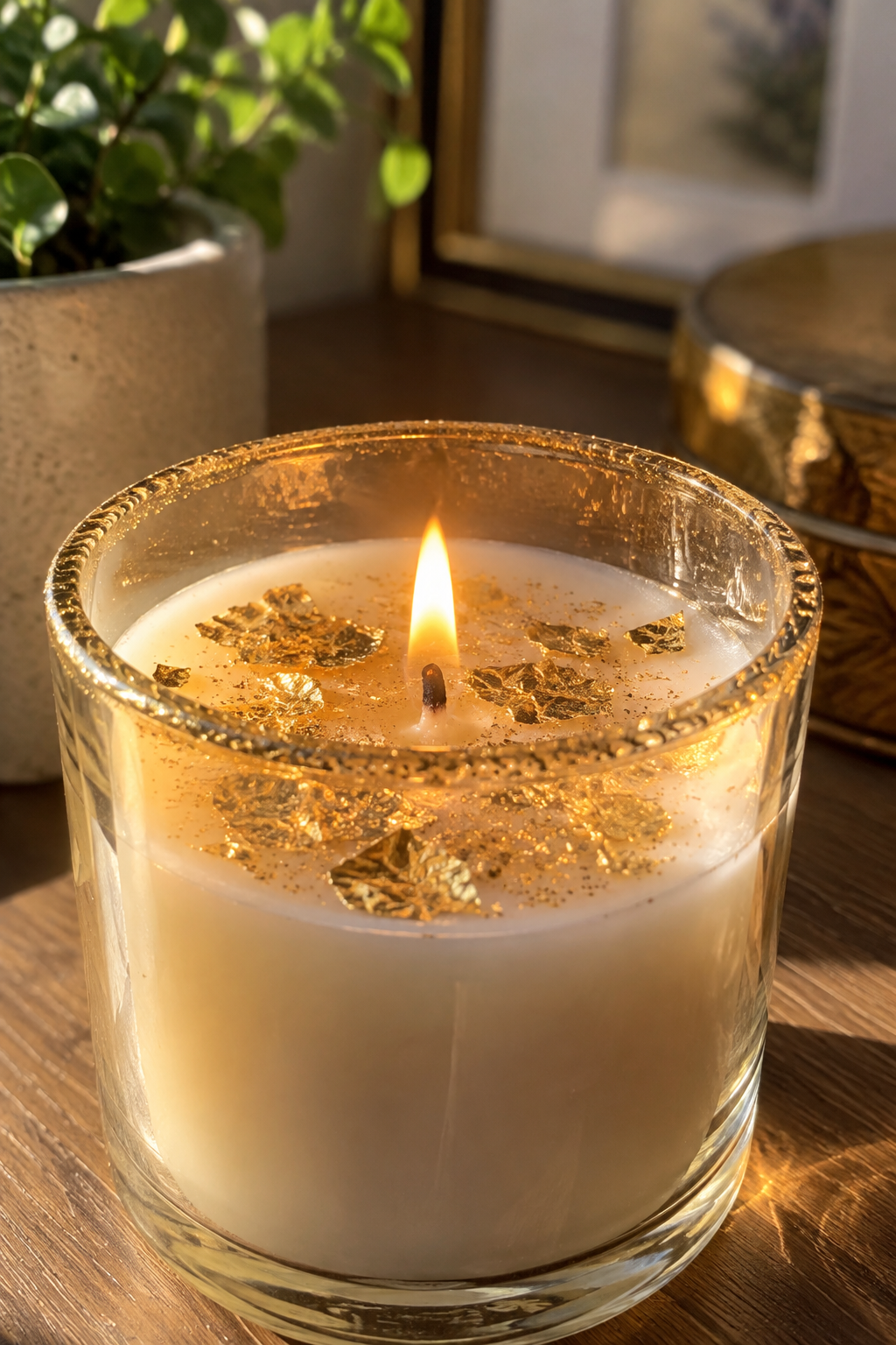 Nahaufnahme Kerze im Glas mit Goldflitter