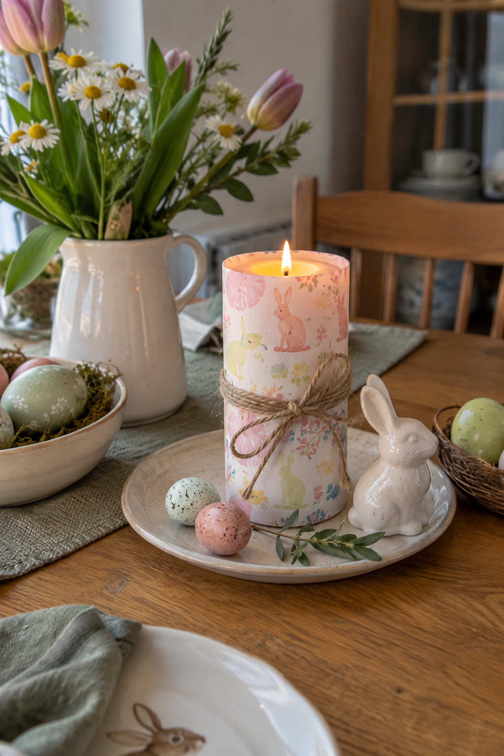 Candle wrapped in pastel Easter paper