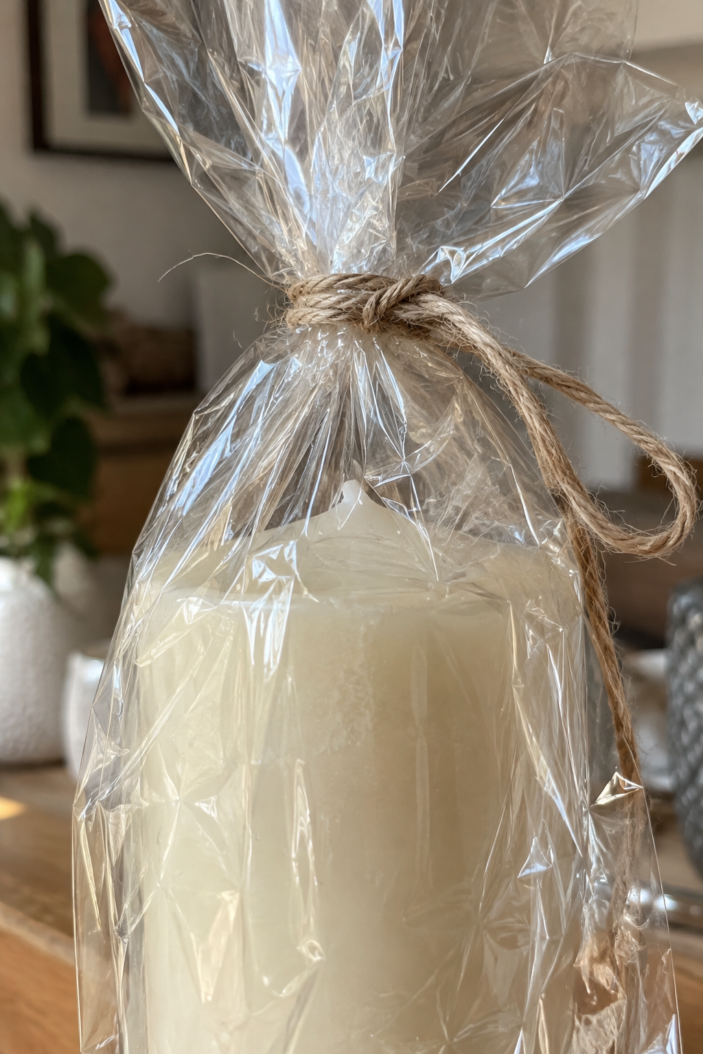 Transparente Kerze in Geschenkfolie Nahaufnahme