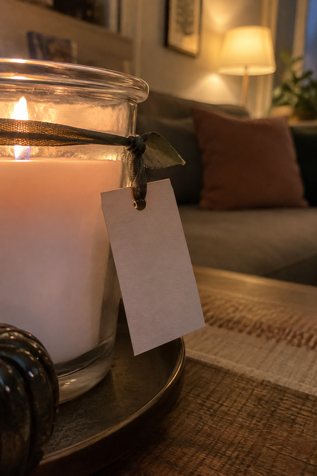 Kerze mit hängender Papierkarte nahaufnahme