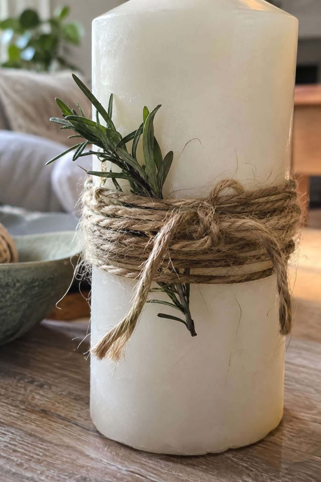 Kerze mit Naturkordel und Zweig