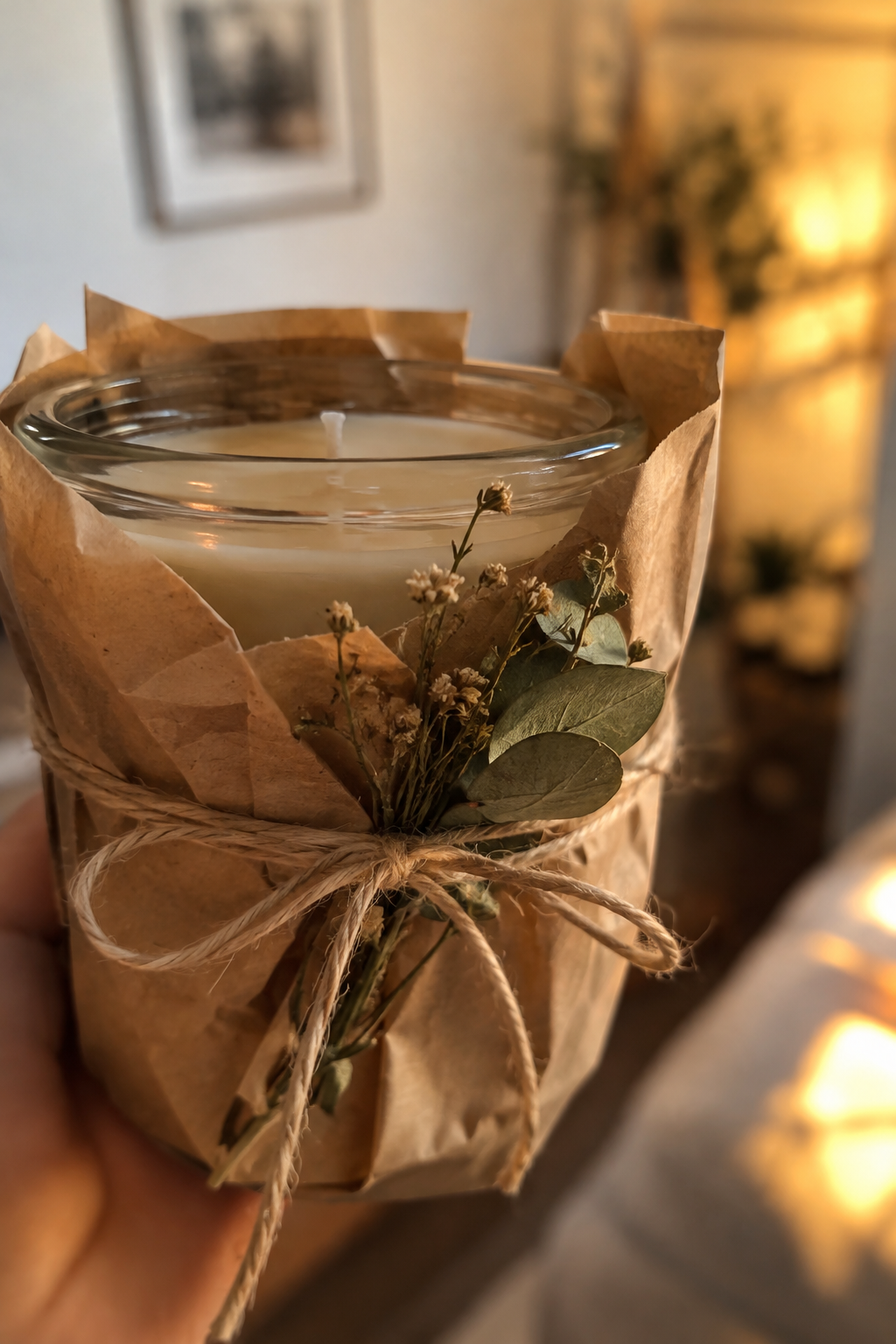 Glaskerze in Naturverpackung nahaufnahme