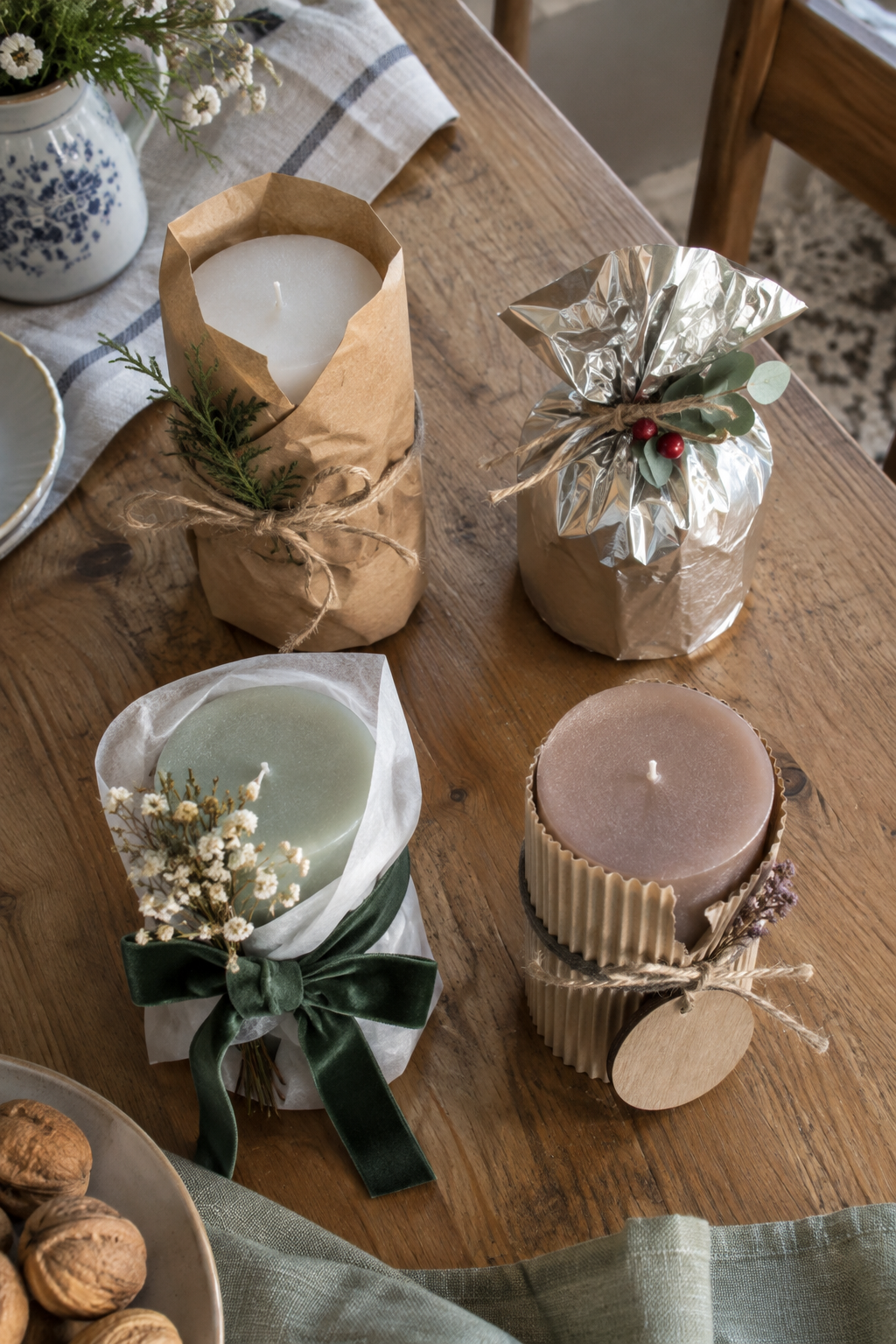 Top-down Moodboard mit vier verpackten Kerzen