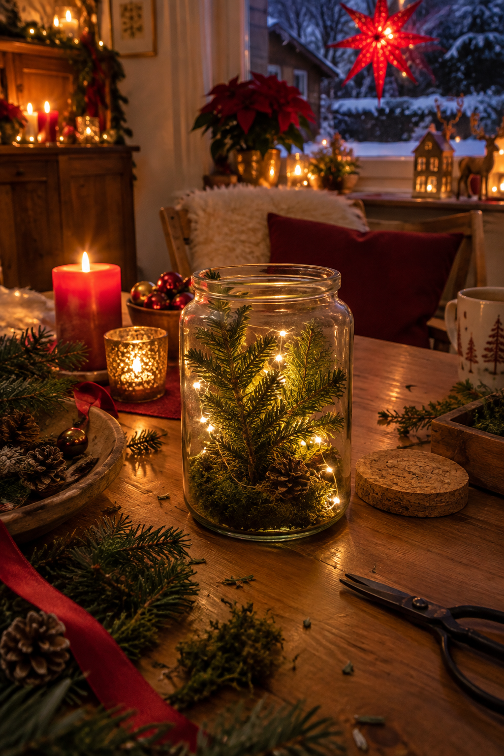 Nahaufnahme Lichterglas mit Mini-Tannen und Korkdeckel