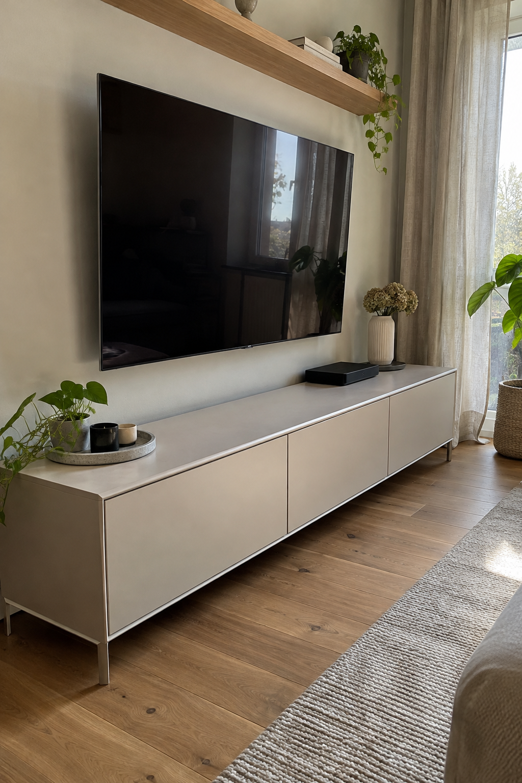 niedriges lowboard vor wandmontiertem fernseher