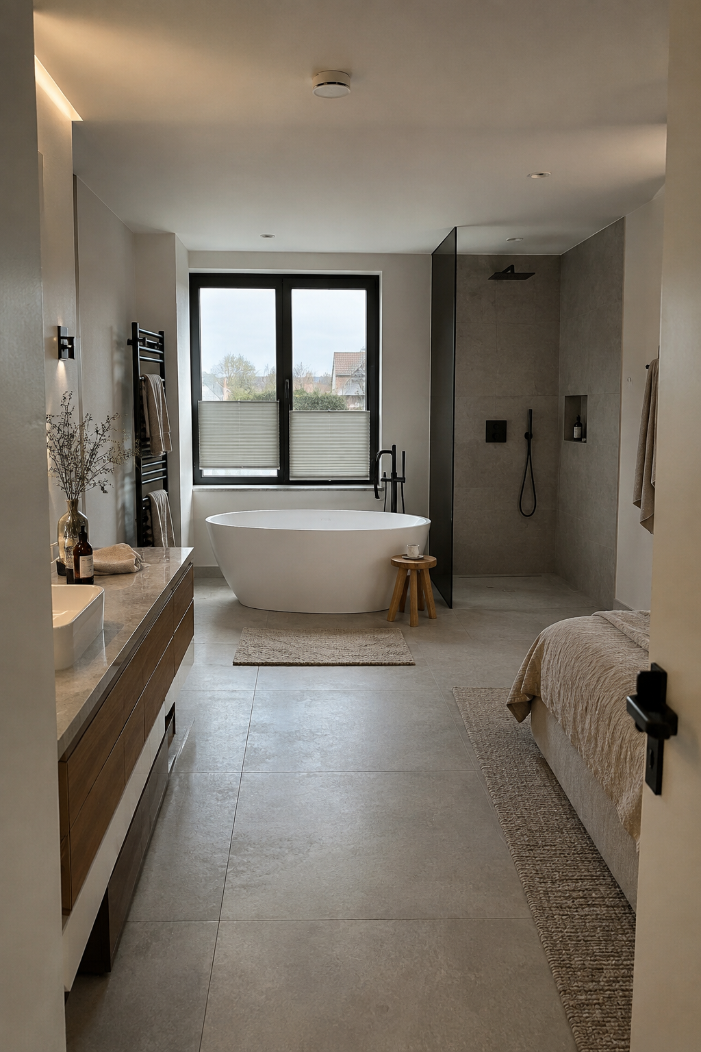 Ensuite-Bad mit freistehender Wanne und offener Dusche