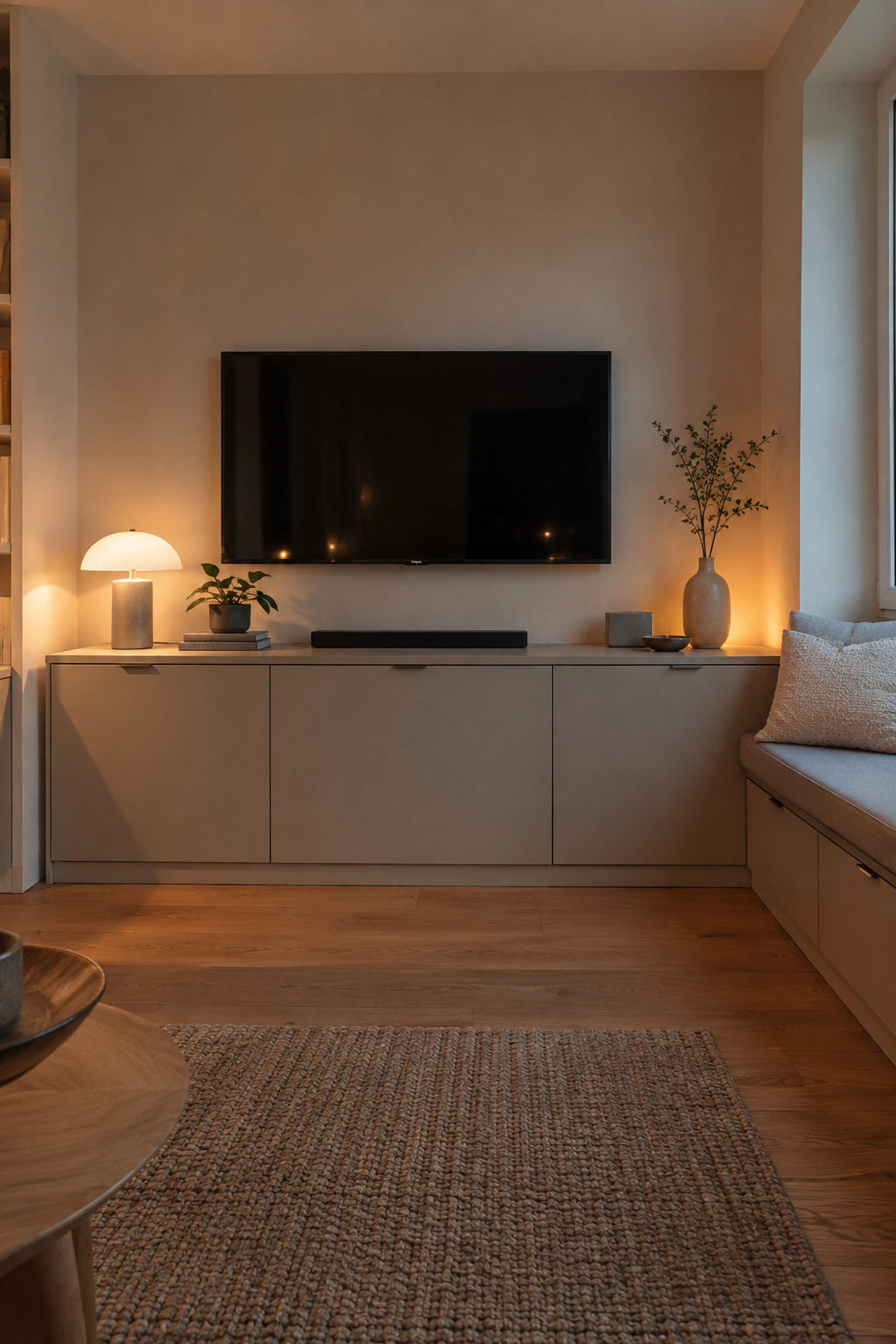 Geschlossene Medienwand mit schmaler Sitzbank