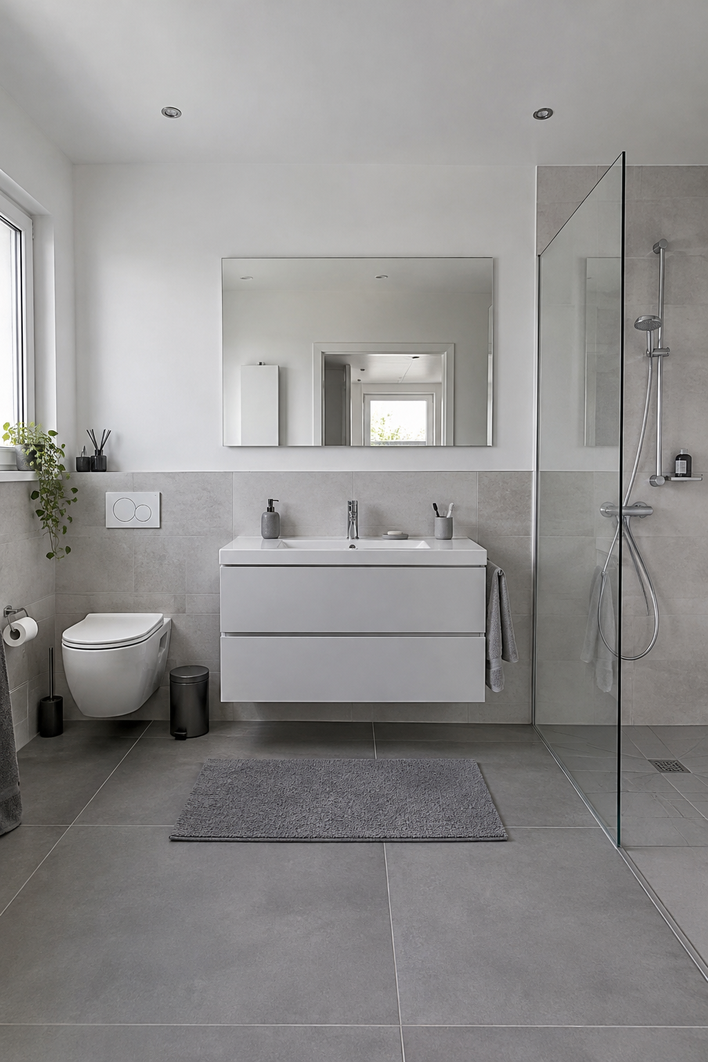Minimalistisches weiß-graues Badezimmer Gesamtansicht
