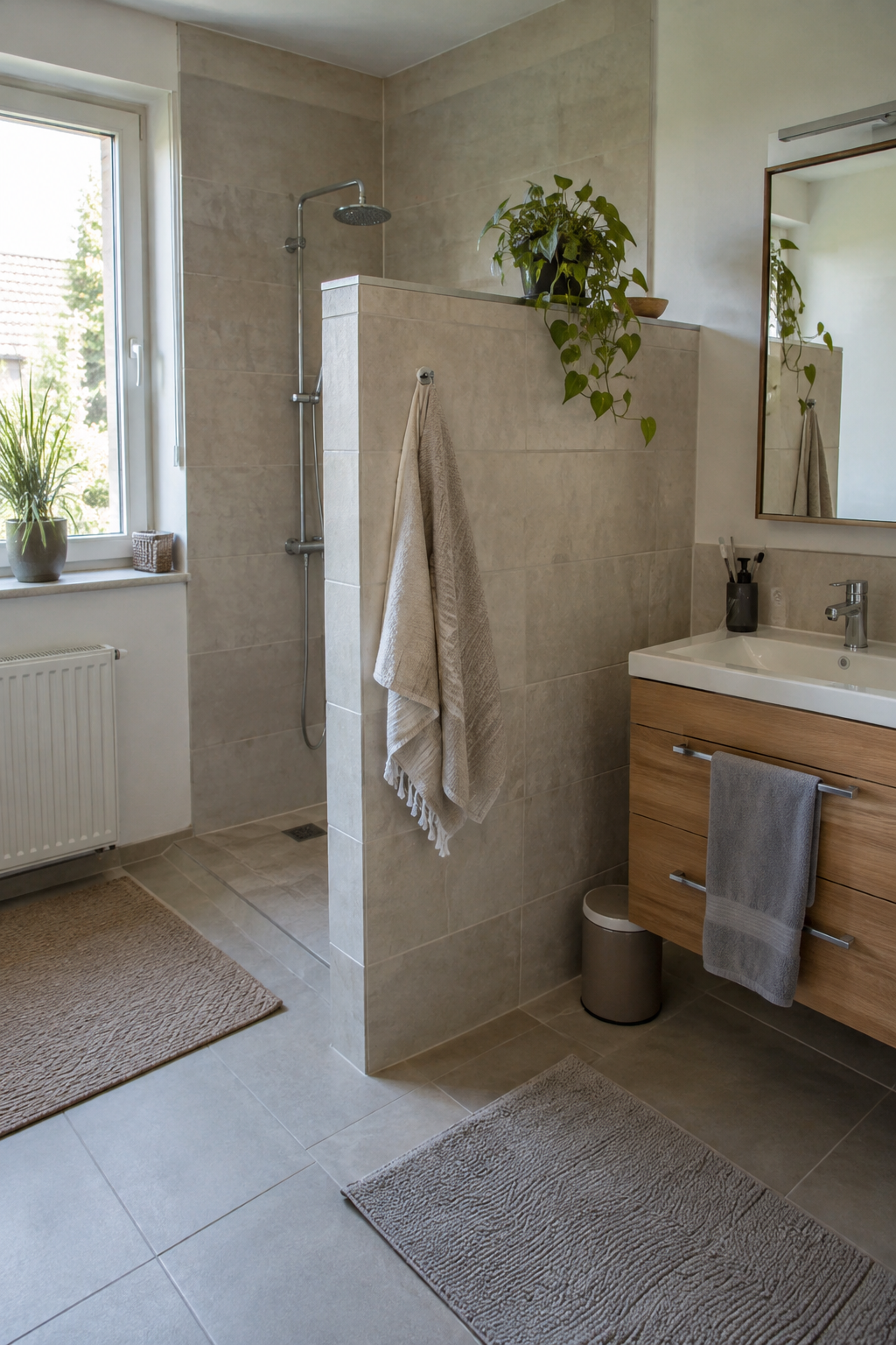 Halbhohe Fliesenwand mit offener Dusche
