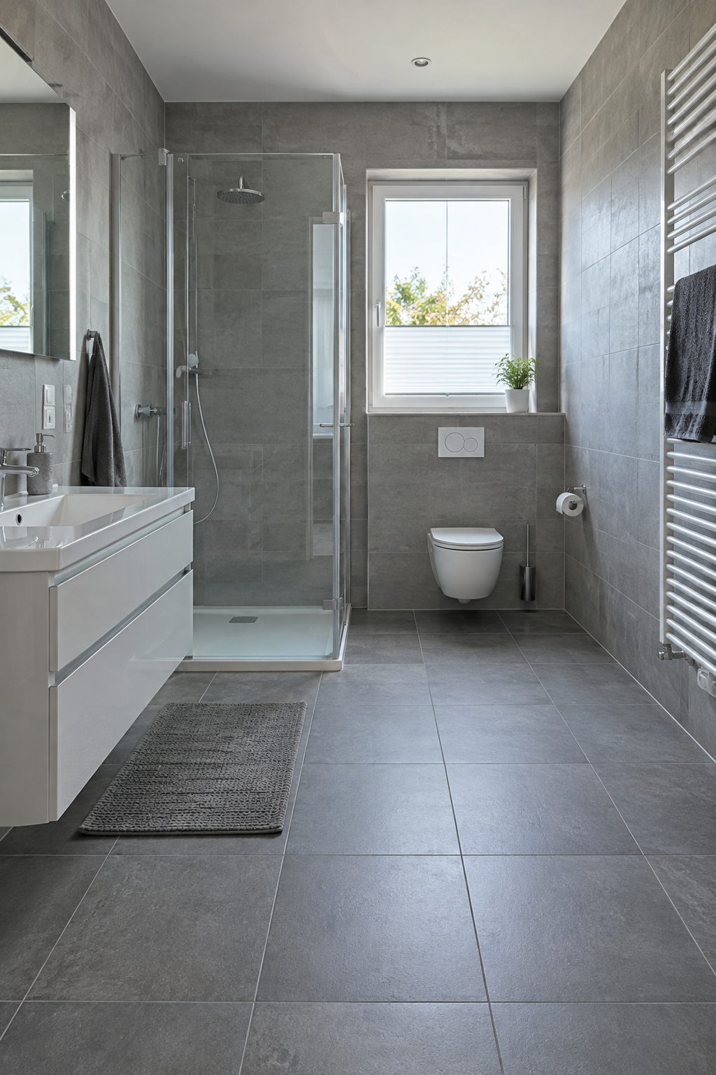 Modernes Badezimmer mit grauen Fliesen und klaren Fugen