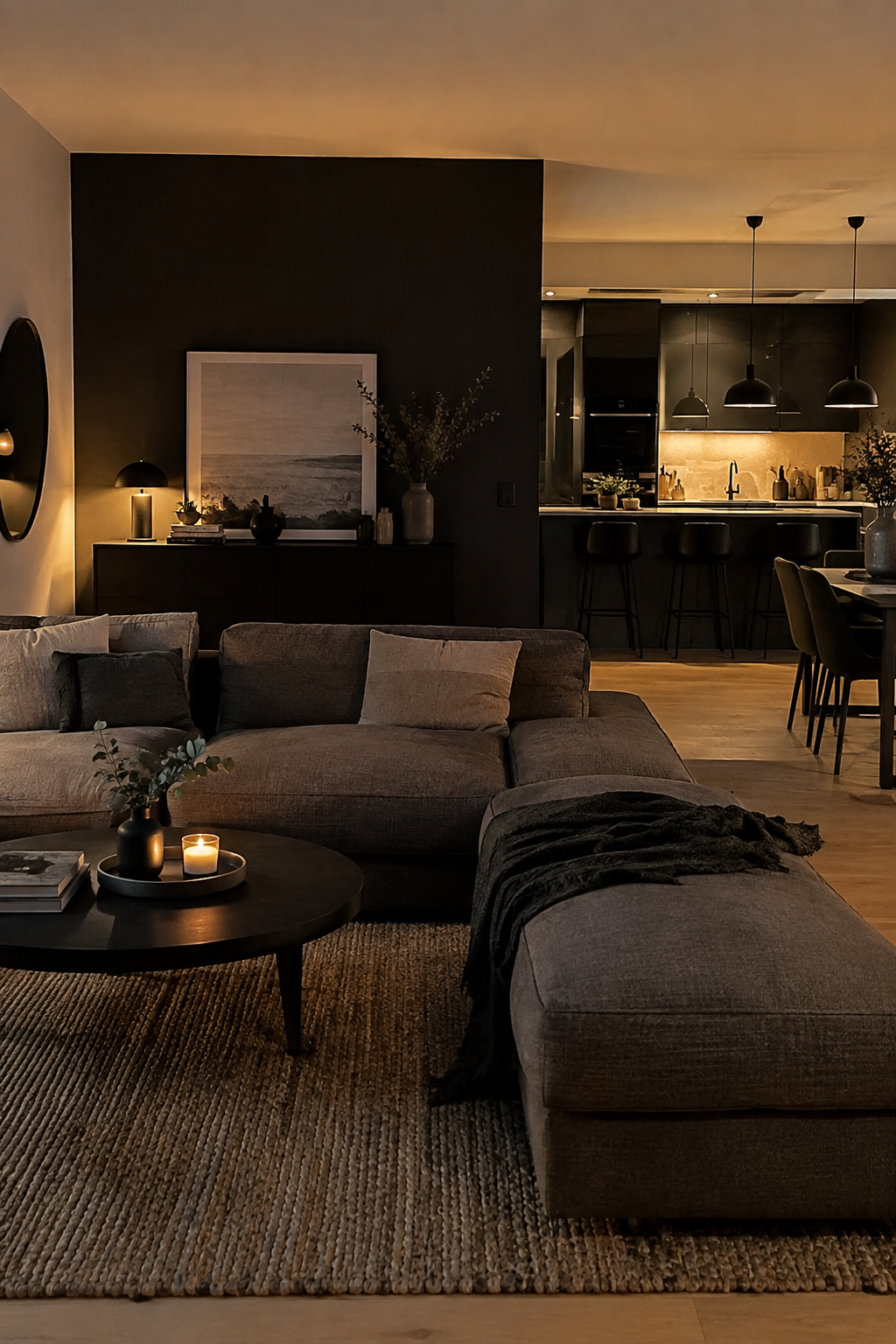 Offenes Wohnzimmer mit dunkler Akzentwand