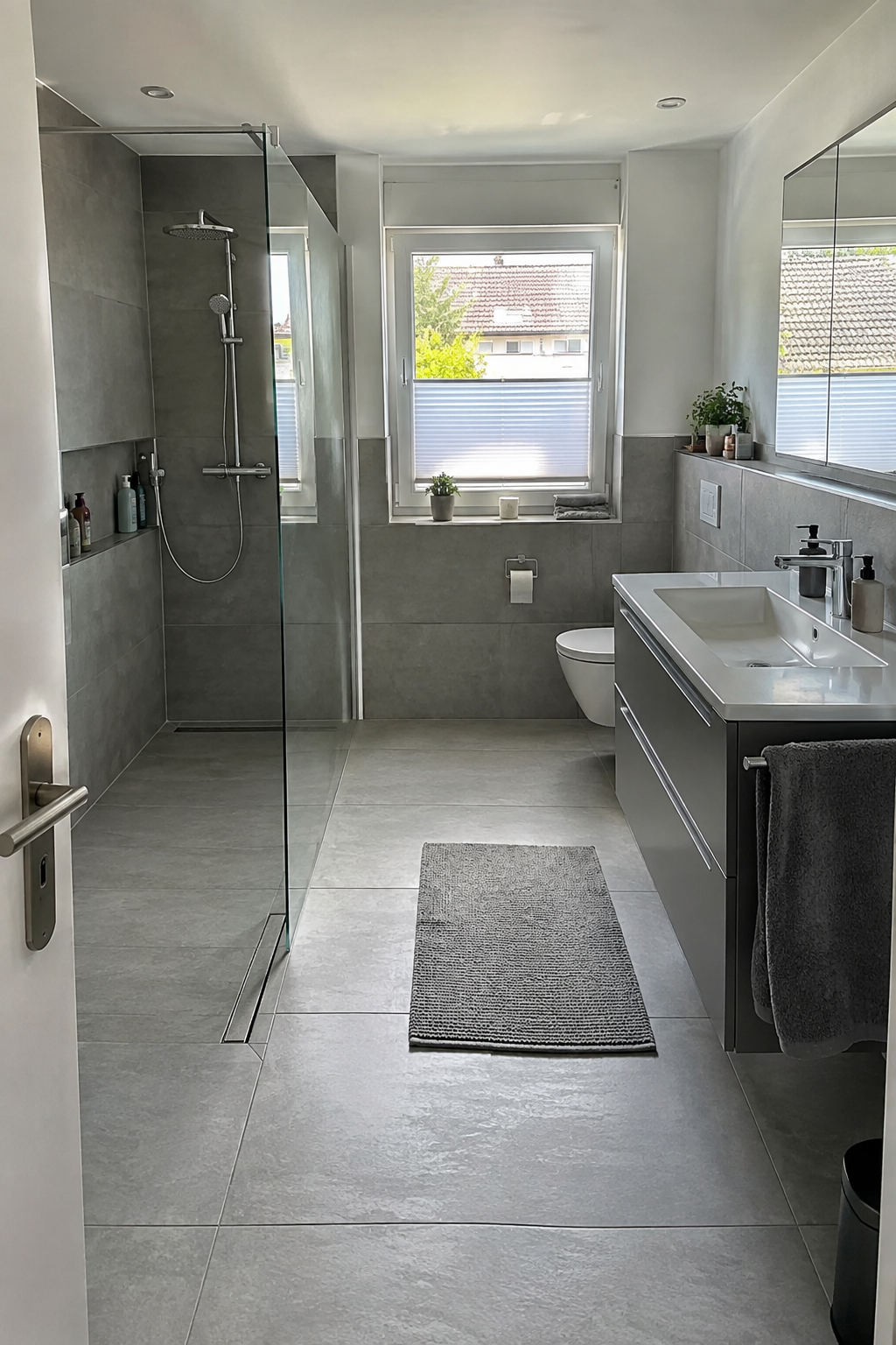 Monochromes Badezimmer mit offener Walk-in-Dusche