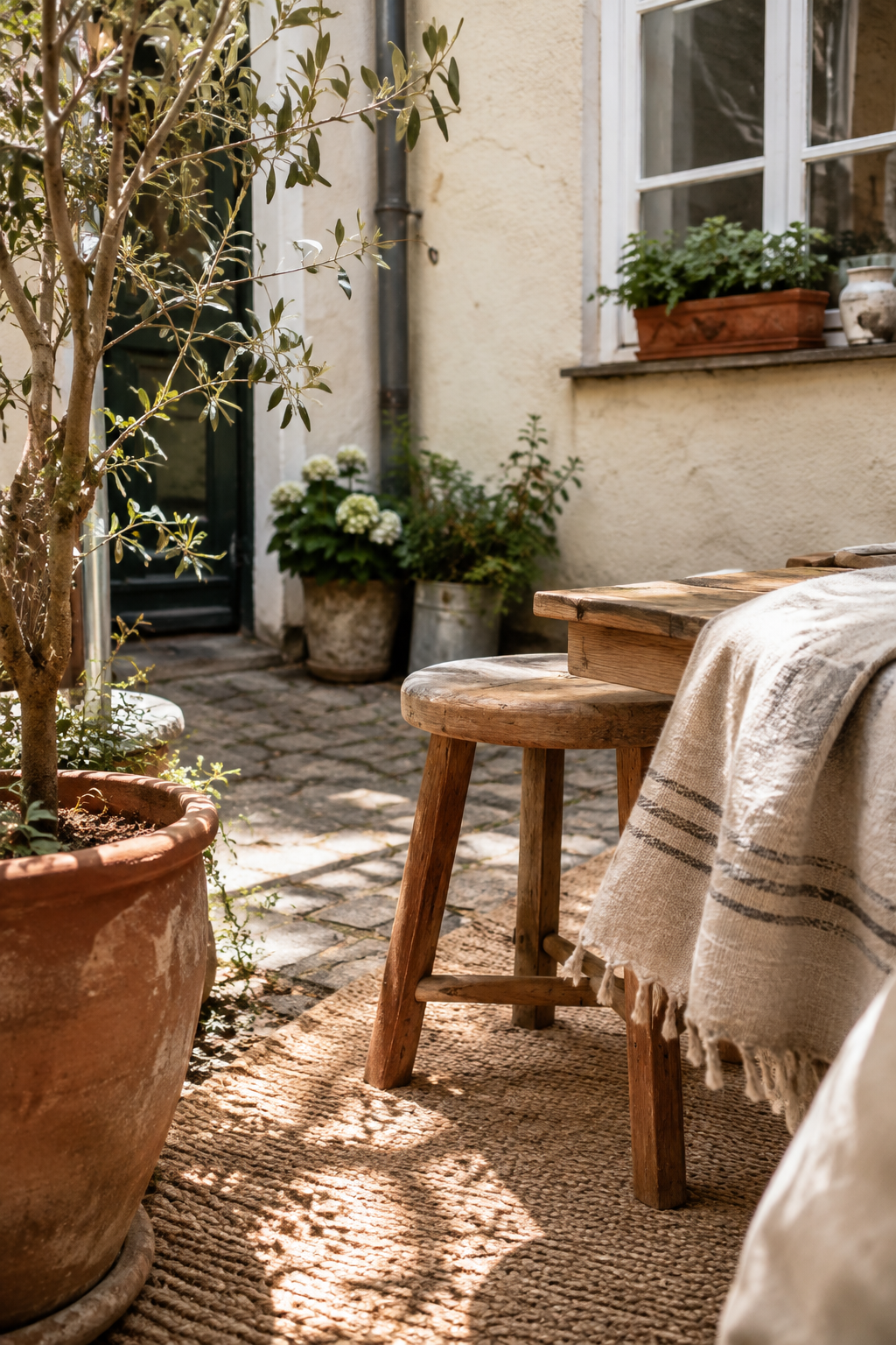 kleine boho-ecke mit holzhocker
