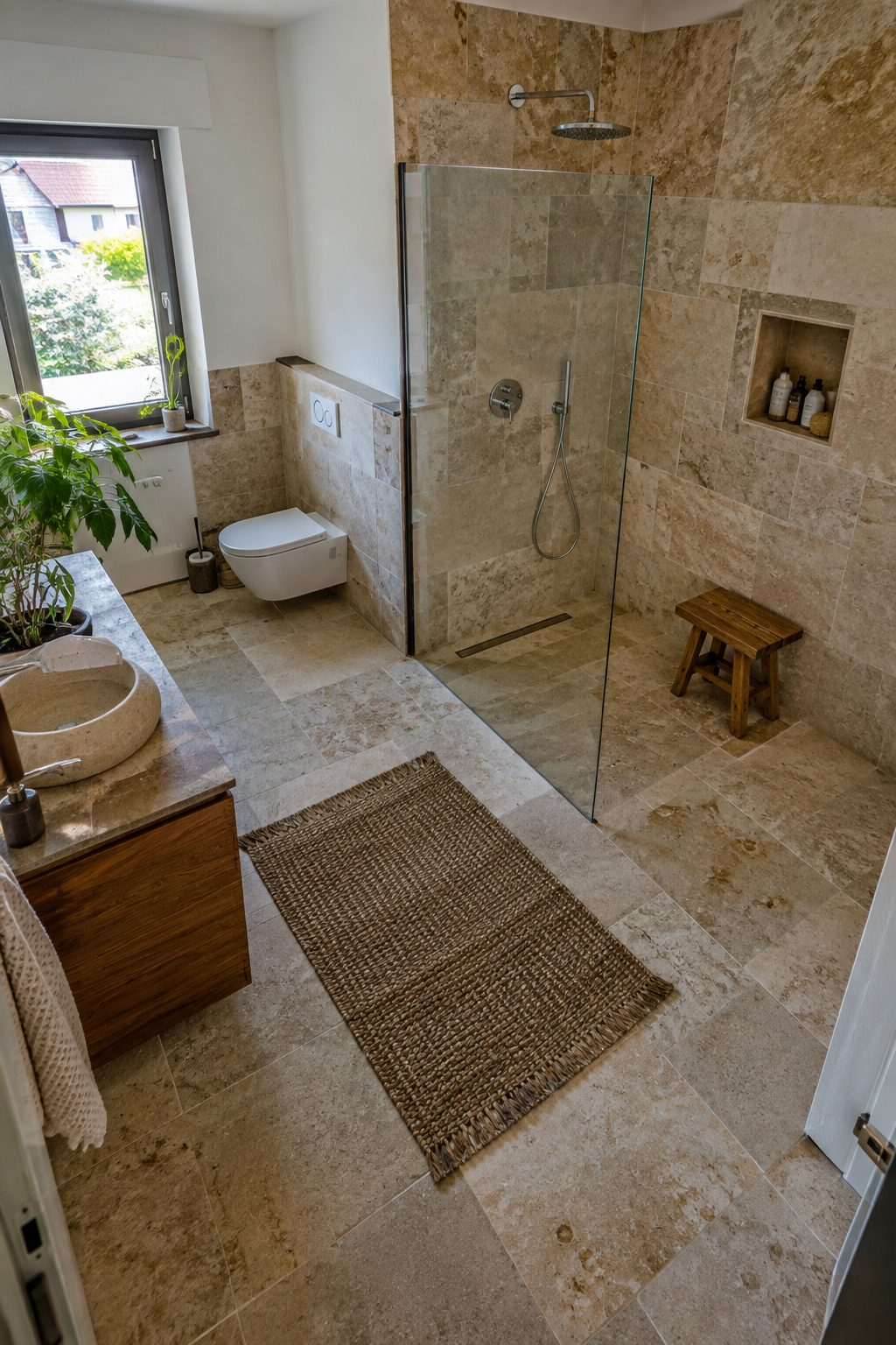 Offene Dusche mit Natursteinwand