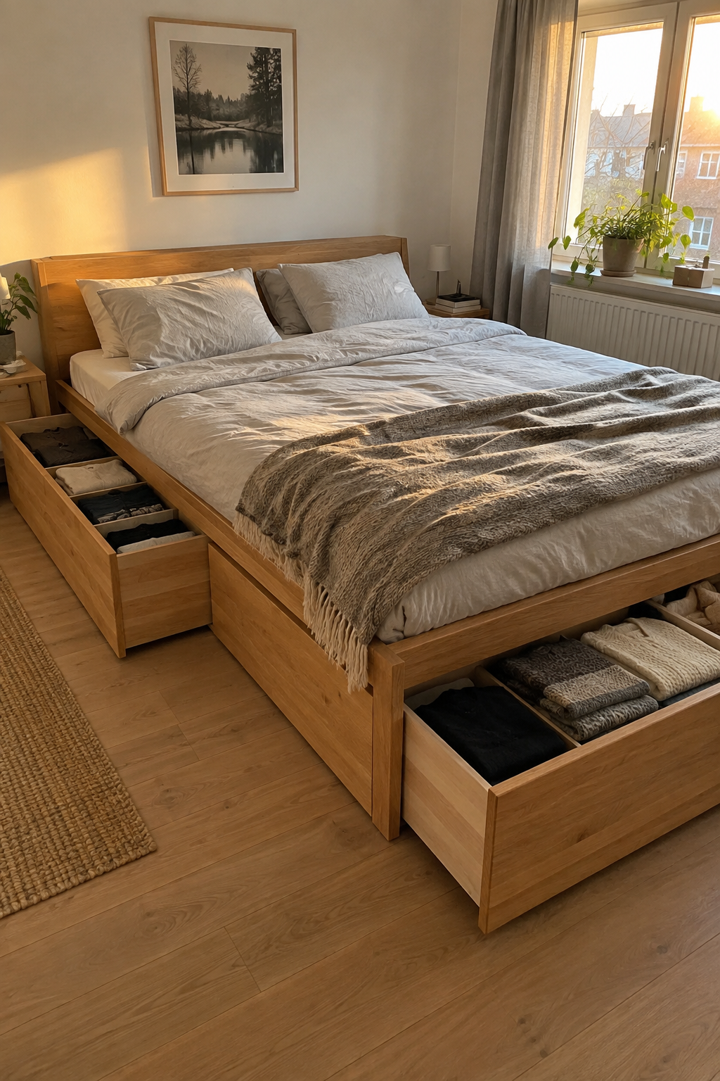 Großes Bett mit geöffneten Schubladen im kleinen Zimmer