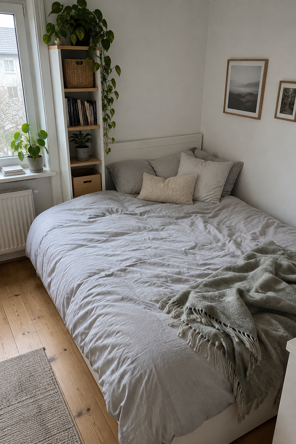 kleines schlafzimmer großes bett ecke mit regal