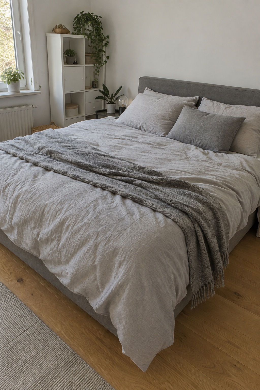 Kleines Schlafzimmer mit großem Bett und ruhiger Deko