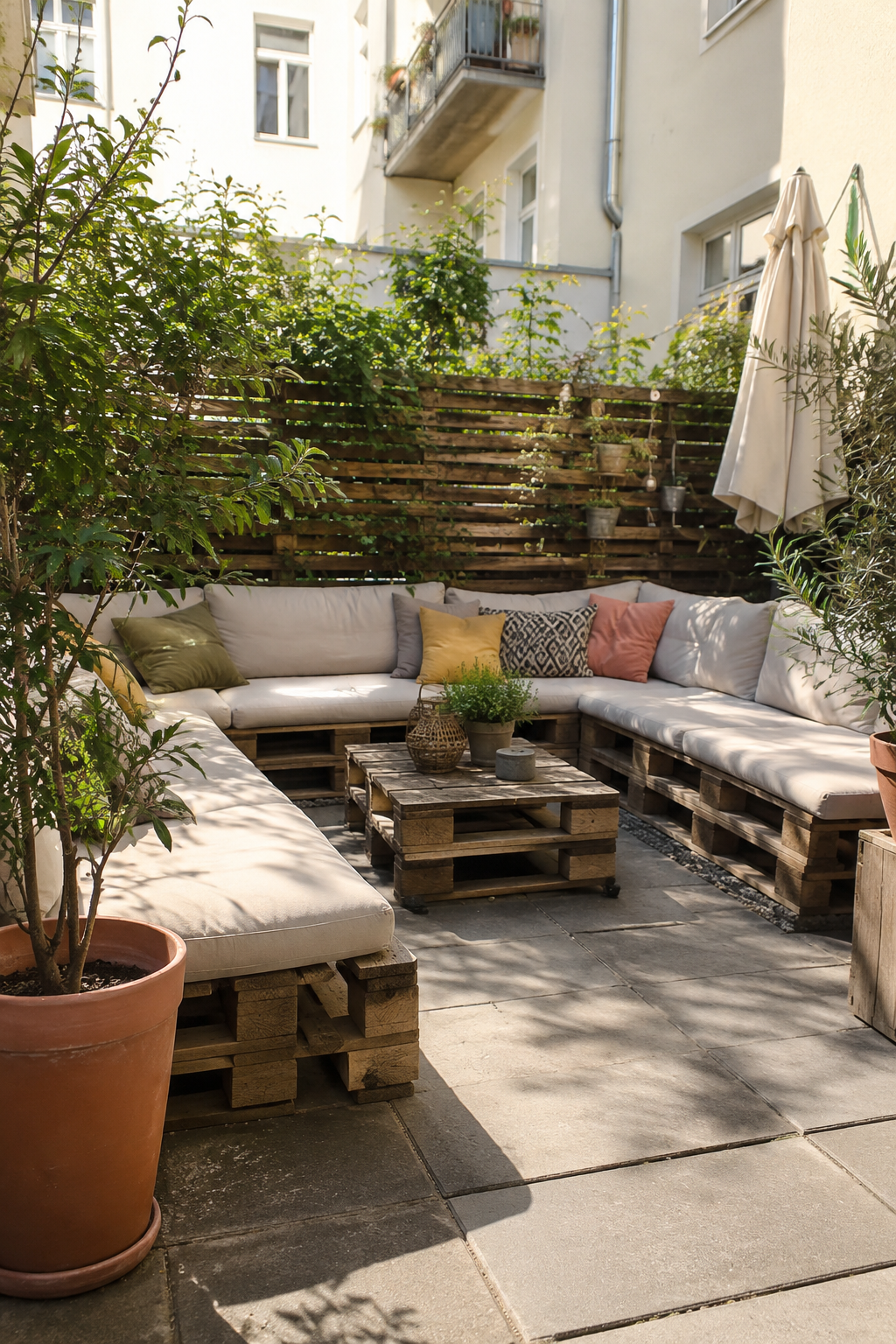 Palettensofa U‑Form im Innenhof