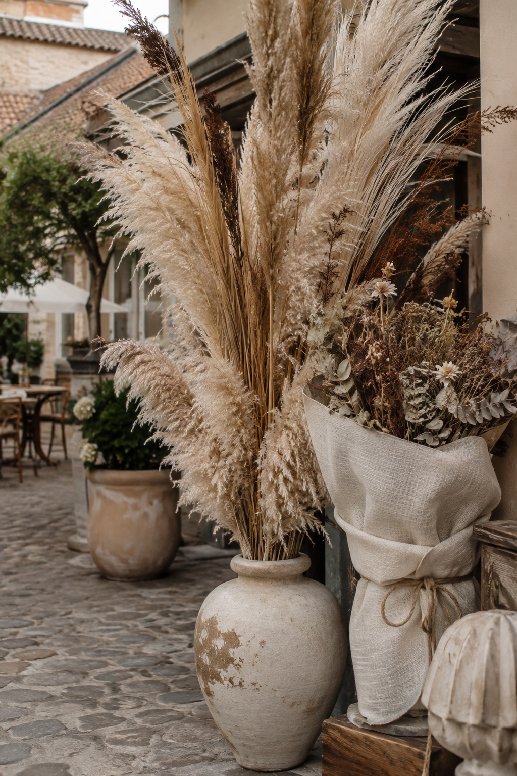 Pampasgras in Vase neben Leinen und Trockenblumen
