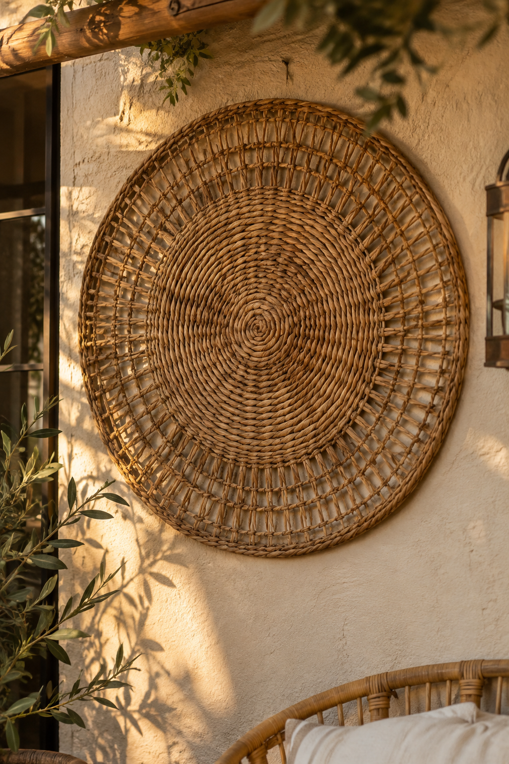 rundes rattan wandpanel nahaufnahme gewebe und verputz